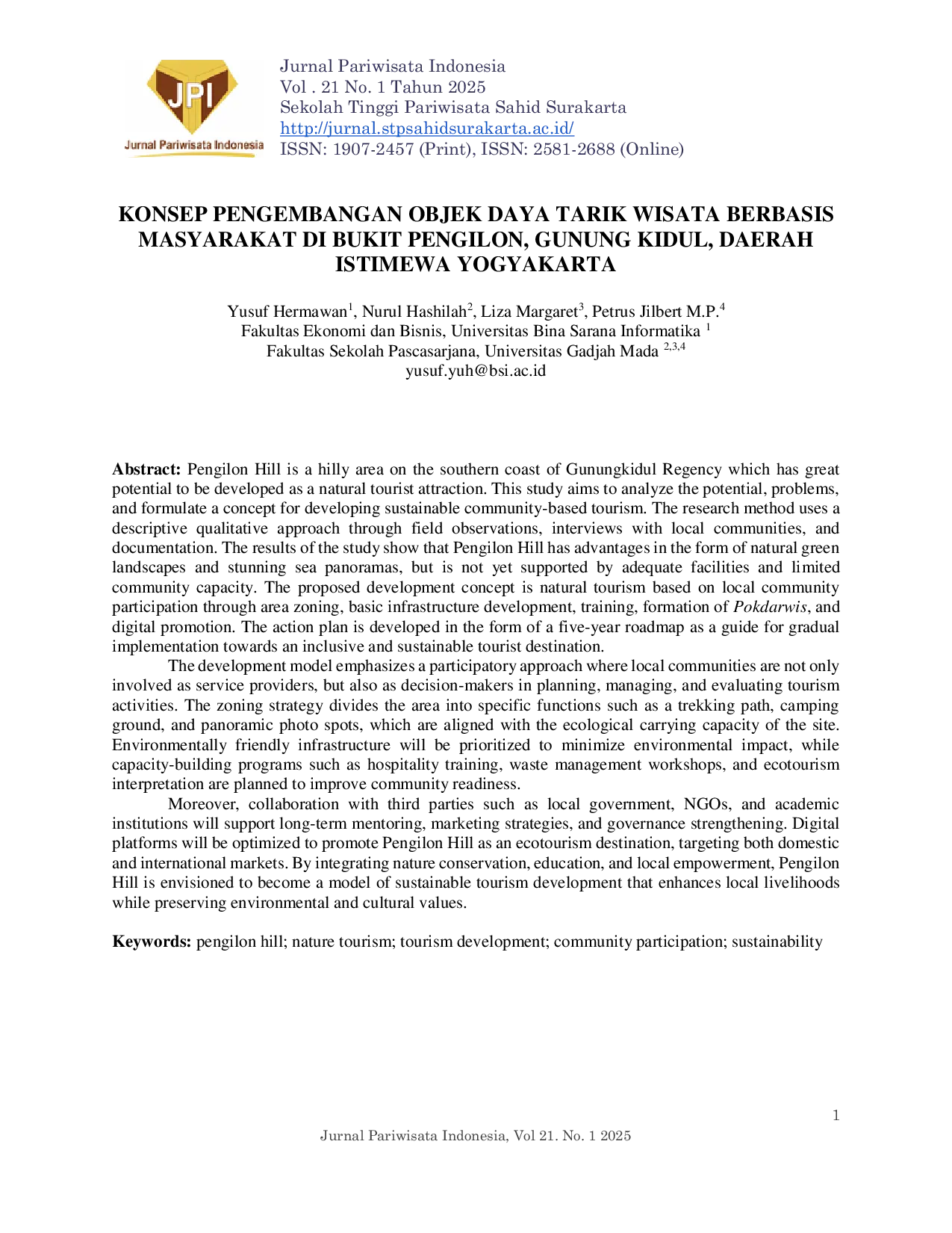 JURIS Konsep Pengembangan Objek Daya Tarik Wisata Berbasis Masyarakat Di Bukit Pengilon Gunung Kidul Daerah Istimewa Yogyakarta