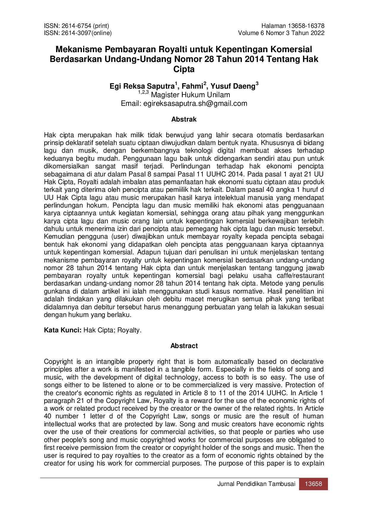 JURIS Mekanisme Pembayaran Royalti untuk Kepentingan Komersial Berdasarkan Undang Undang Nomor 28 Tahun 2014 Tentang Hak Cipta