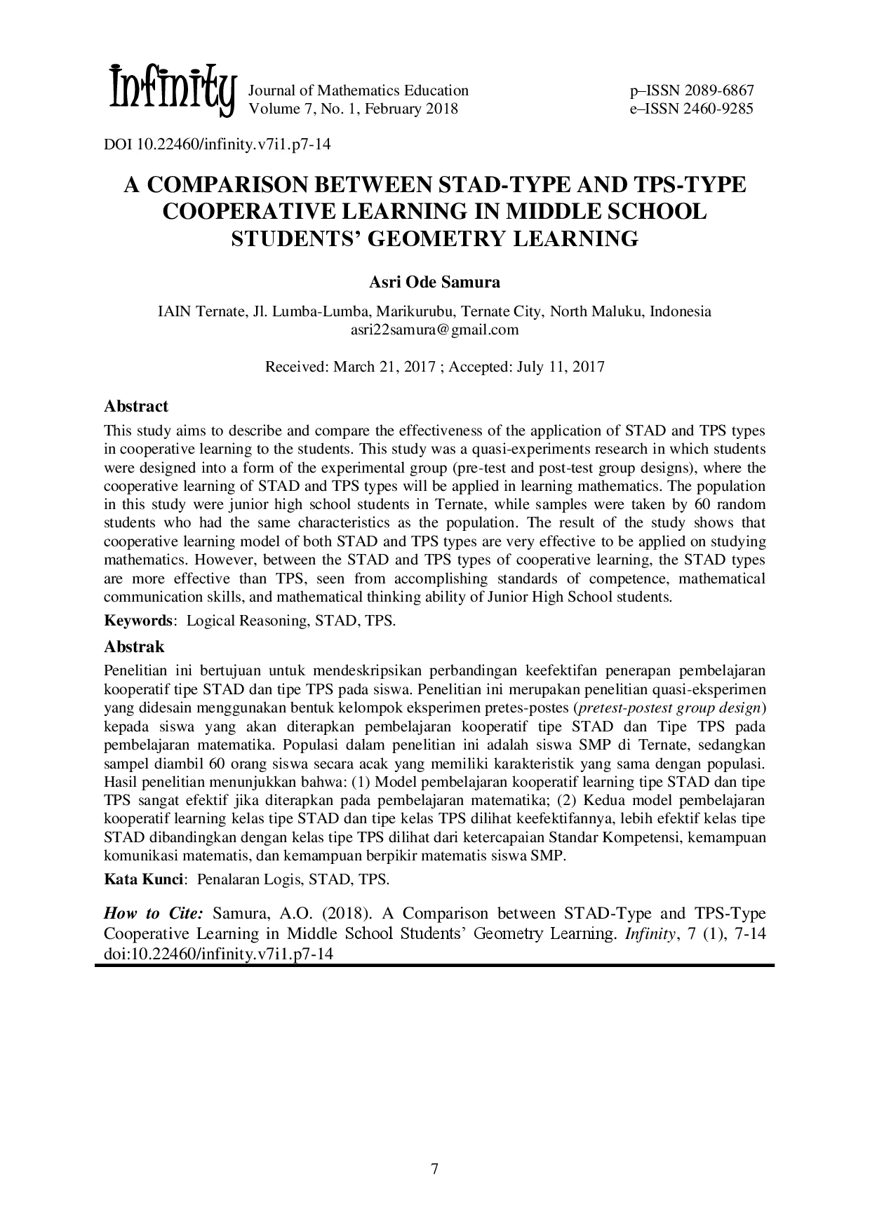 juris A Comparison Between STAD Type and TPS Type Cooperative Learning in Middle School Students Geometry Learning