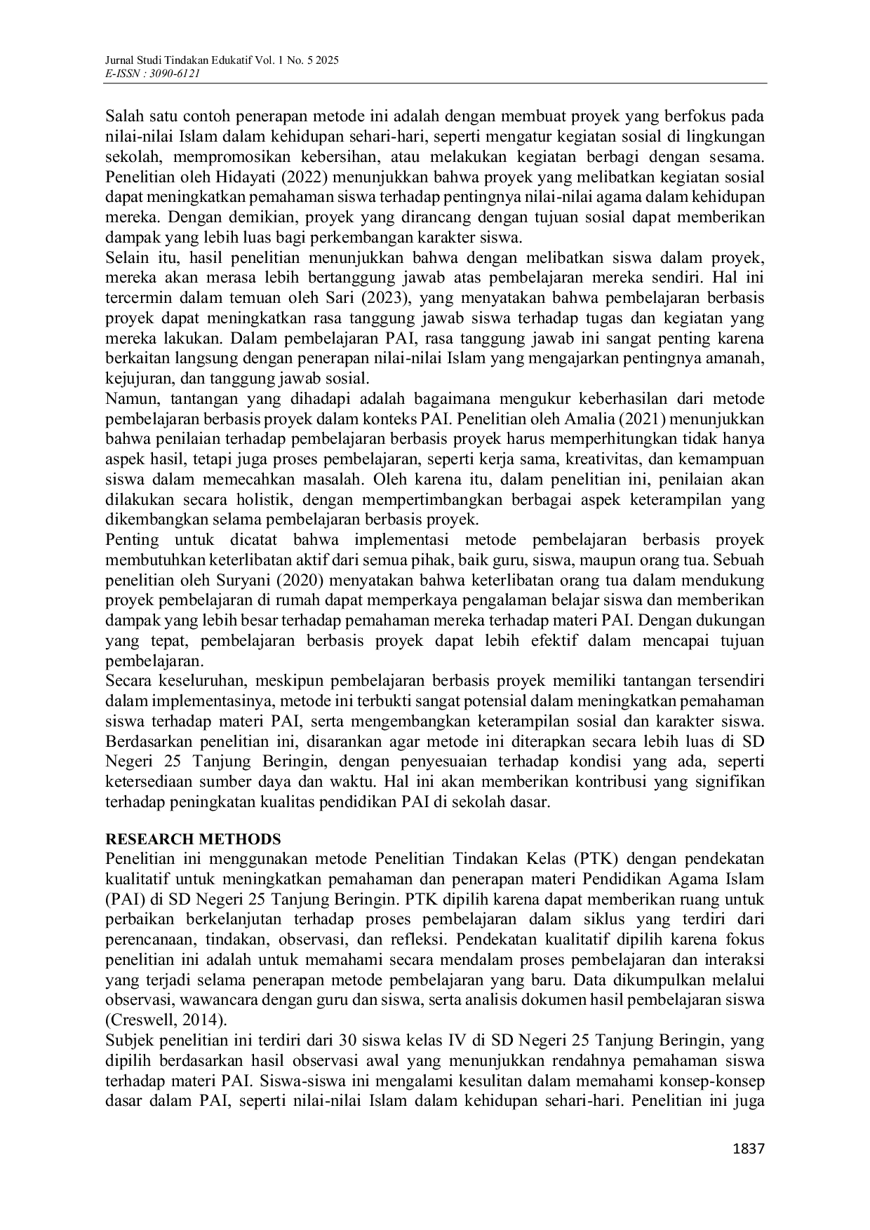 JURIS Optimalisasi Pemahaman Materi PAI melalui Metode Pembelajaran Berbasis Proyek untuk Meningkatkan Karakter Siswa di SD Negeri 25 Tanjung Beringin