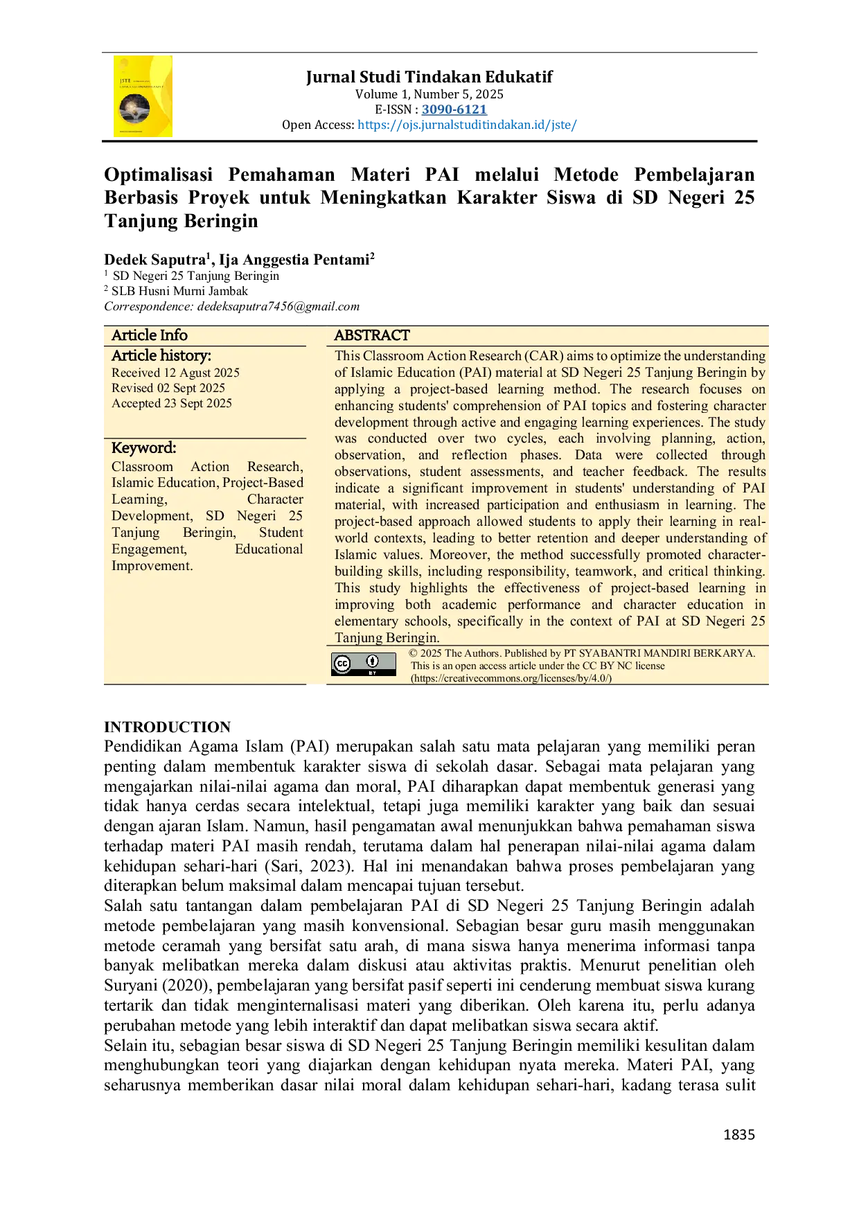 JURIS Optimalisasi Pemahaman Materi PAI melalui Metode Pembelajaran Berbasis Proyek untuk Meningkatkan Karakter Siswa di SD Negeri 25 Tanjung Beringin
