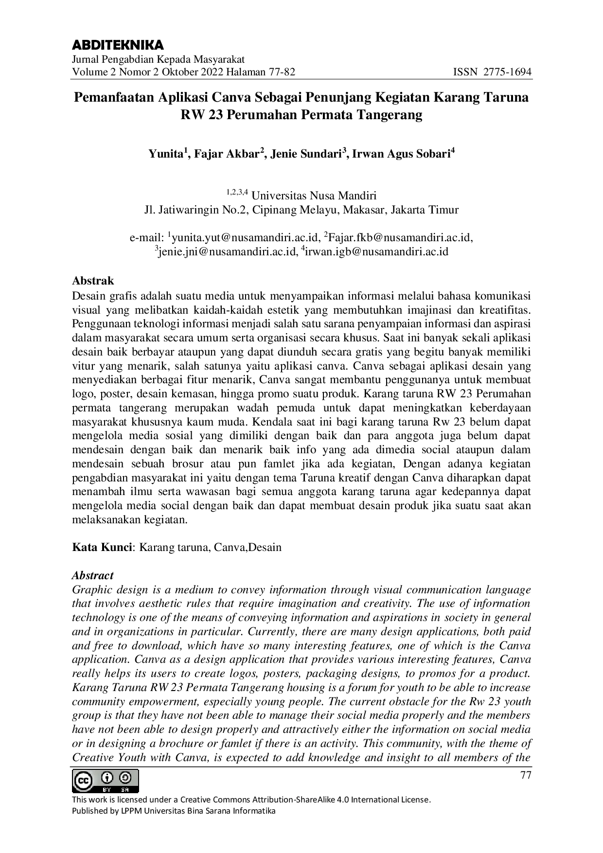 JURIS Pemanfaatan Aplikasi Canva Sebagai Penunjang Kegiatan Karang Taruna RW 23 Perumahan Permata Tangerang