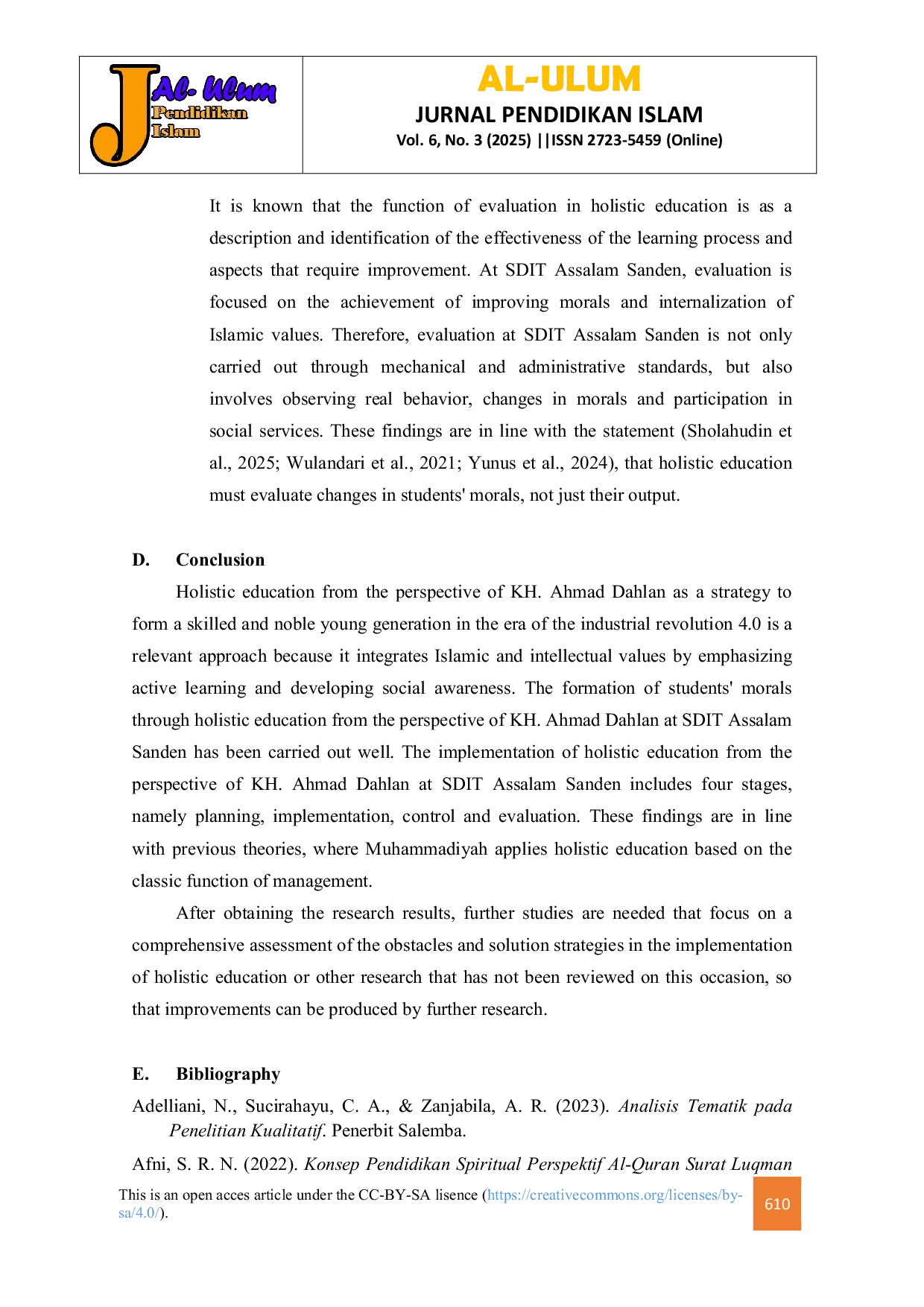 JURIS Holistic Education Perspective of KH Ahmad Dahlan Forming Moral Students in the Era of Industrial Revolution 4 0 Case Study at SDIT Assalam Sanden