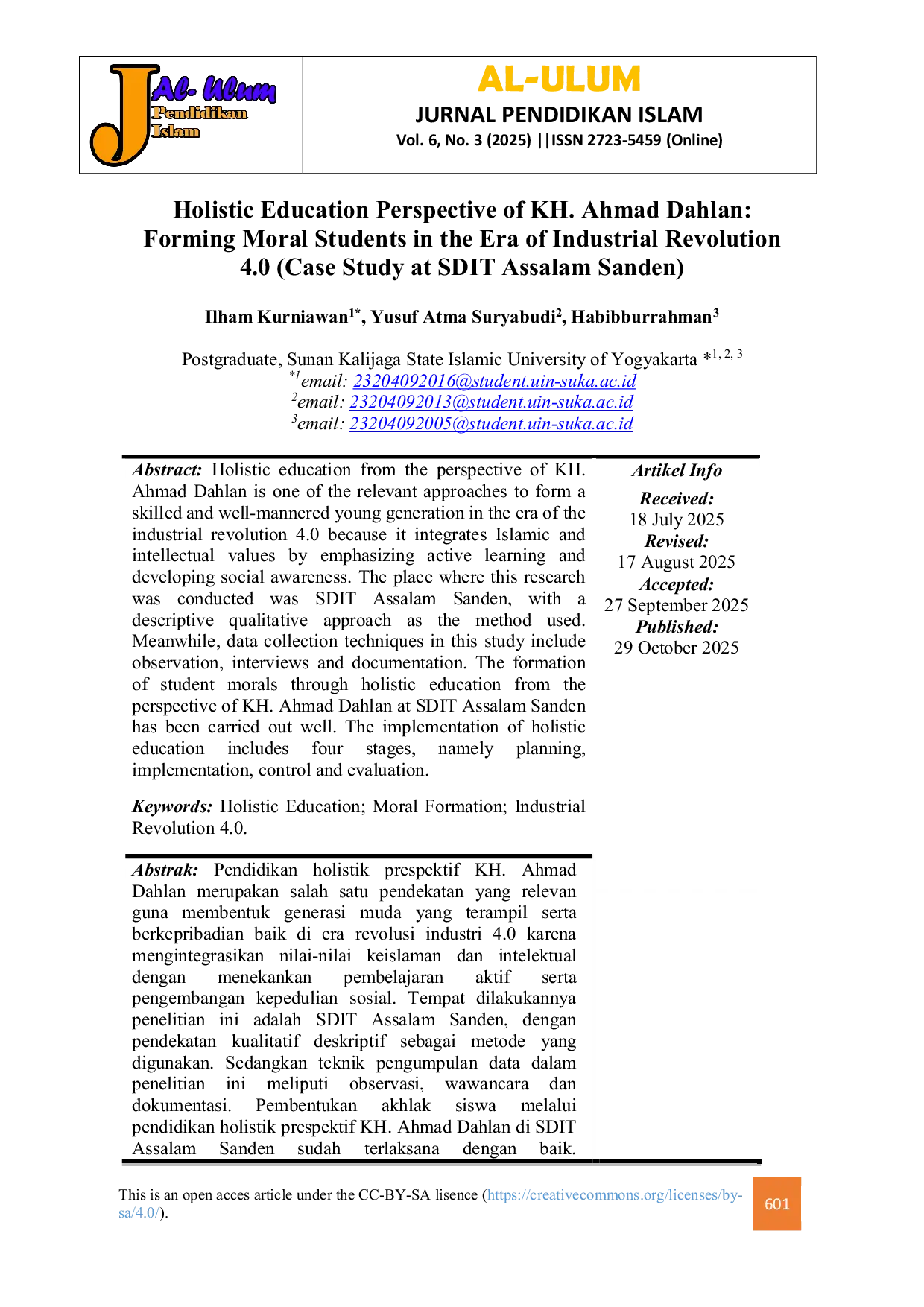 JURIS Holistic Education Perspective of KH Ahmad Dahlan Forming Moral Students in the Era of Industrial Revolution 4 0 Case Study at SDIT Assalam Sanden
