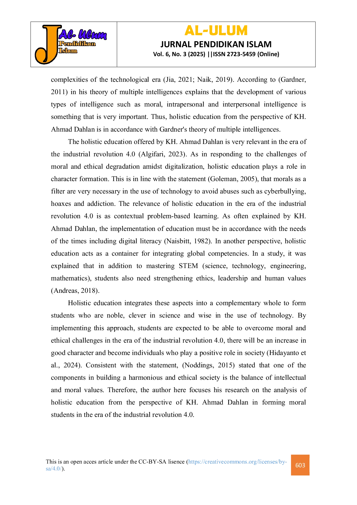 JURIS Holistic Education Perspective of KH Ahmad Dahlan Forming Moral Students in the Era of Industrial Revolution 4 0 Case Study at SDIT Assalam Sanden