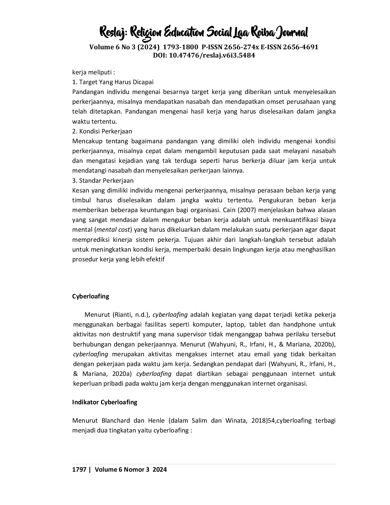 JURIS Pengaruh Beban Kerja terhadap Kinerja Karyawan Perumda Air Minum Tirta Ratu Samban Bengkulu Utara Dimediasi Perilaku Cyberloafing