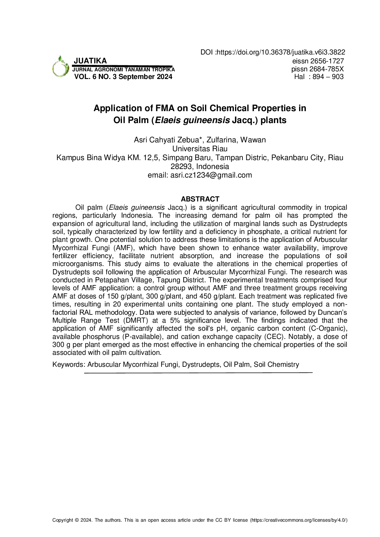JURIS Application of FMA on Soil Chemical Properties in Oil Palm Elaeis Guineensis Jacq Plants