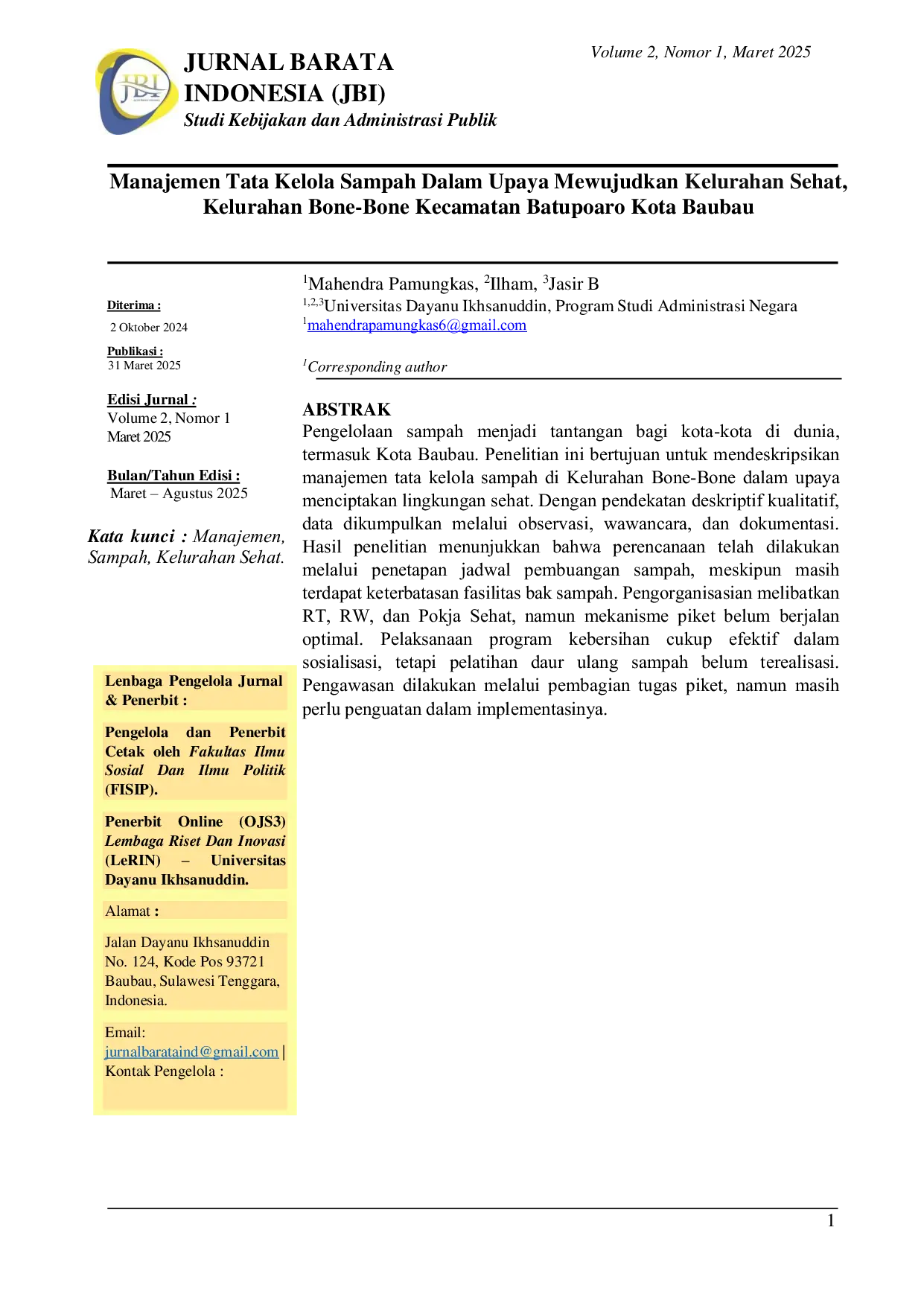 JURIS Manajemen Tata Kelola Sampah Dalam Upaya Mewujudkan Kelurahan Sehat Kelurahan Bone Bone Kecamatan Batupoaro Kota Baubau