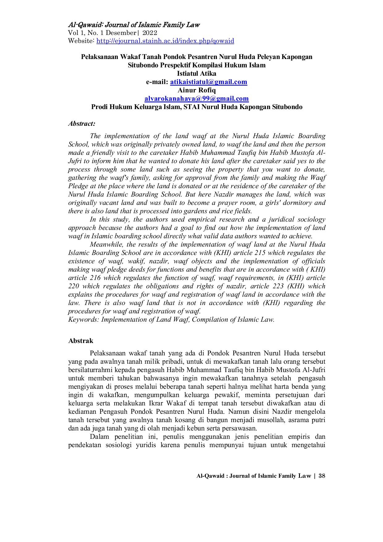 JURIS Pelaksanaan Wakaf Tanah Pondok Pesantren Nurul HuDa Peleyan Kapongan Situbondo Prespektif Kompilasi Hukum Islam