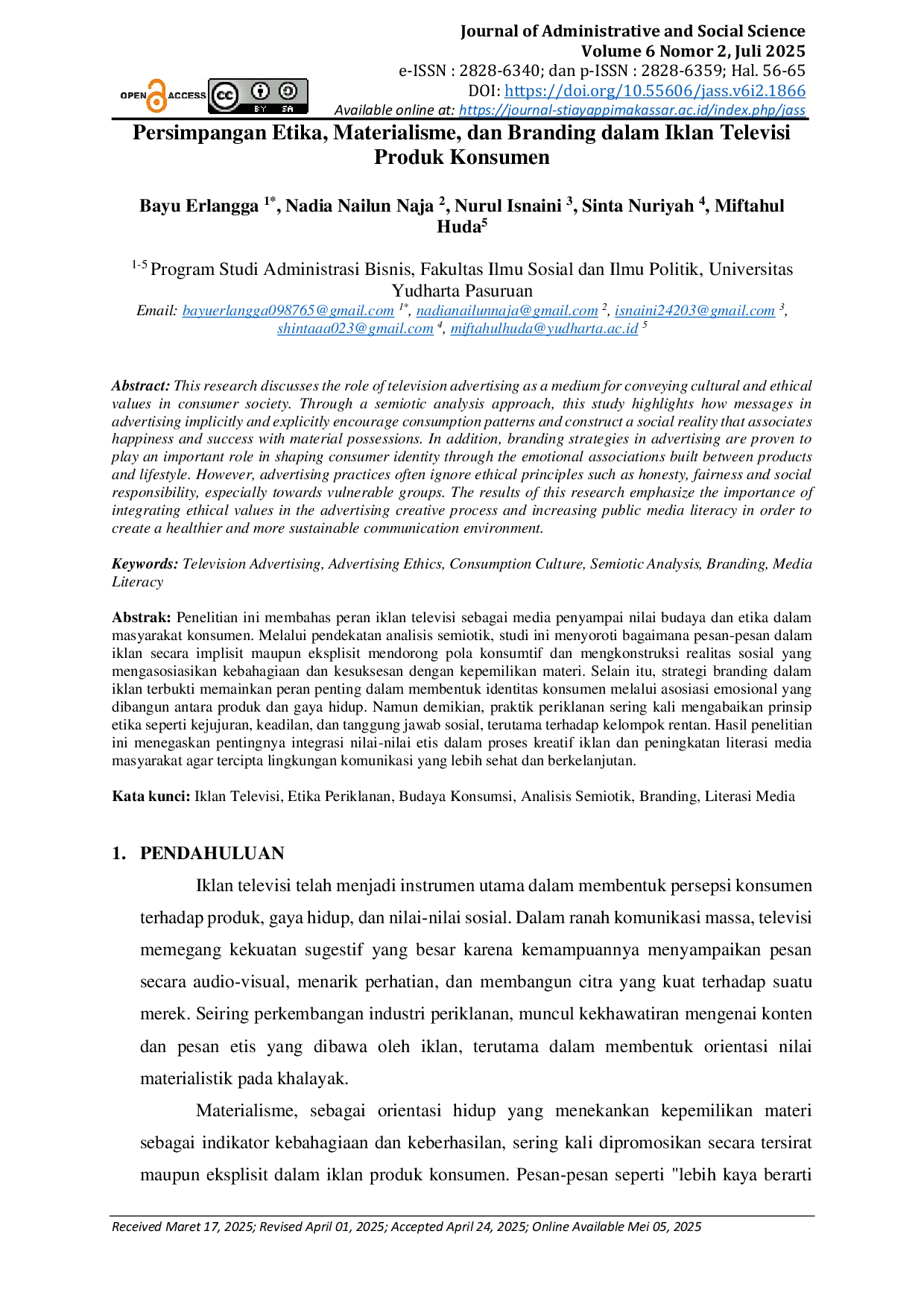 JURIS Persimpangan Etika Materialisme dan Branding dalam Iklan Televisi Produk Konsumen