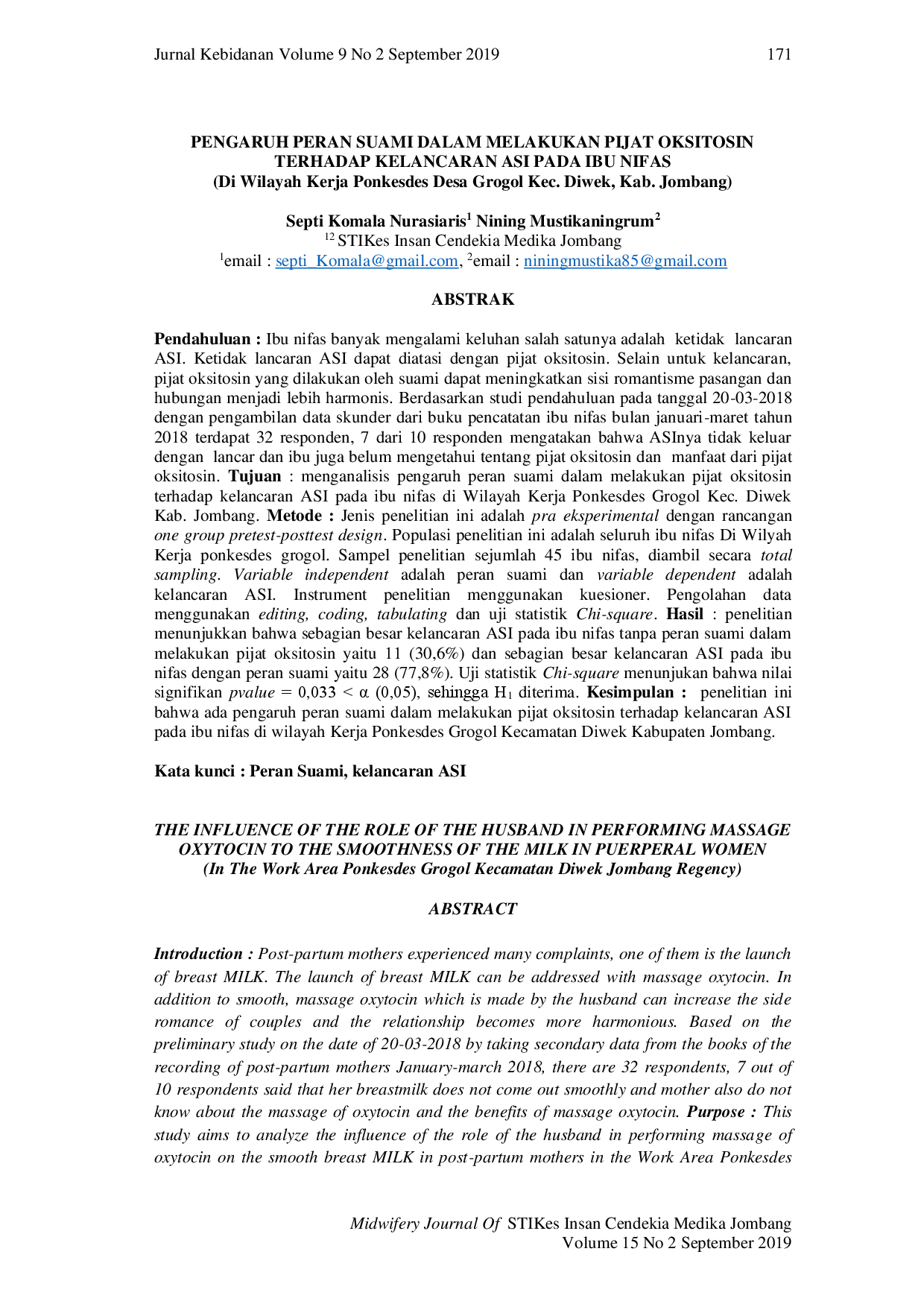 juris Pengaruh Peran Suami dalam Melakukan Pijat Oksitosin terhadap Kelancaran ASI pada Ibu Nifas