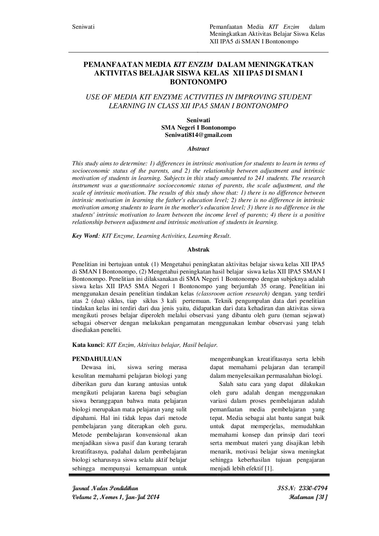 JURIS Pemanfaatan Media KIT Enzim dalam Meningkatkan Aktivitas Belajar Siswa Kelas XII IPA5 di SMAN I Bontonompo