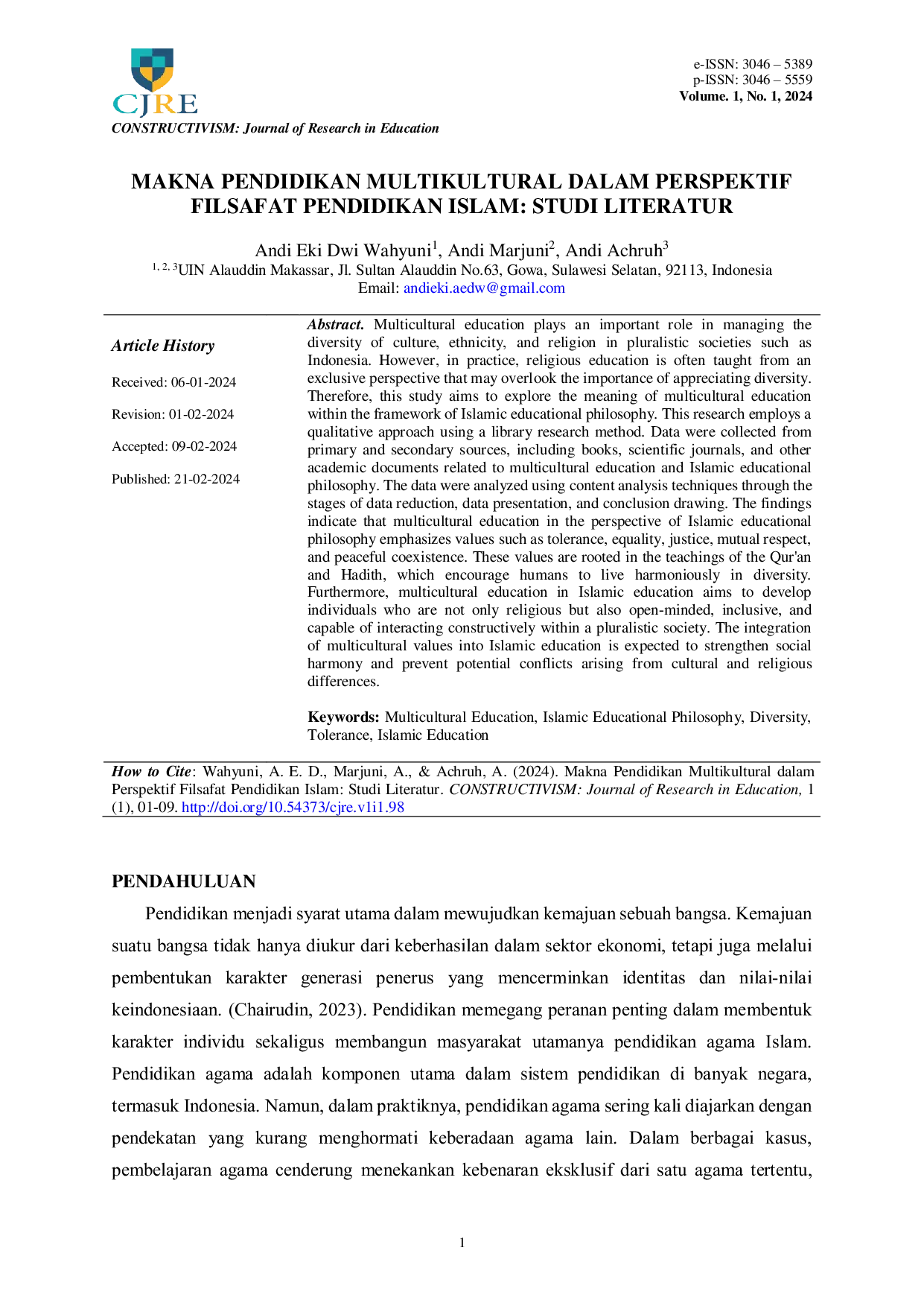 JURIS Makna Pendidikan Multikultural dalam Perspektif Filsafat Pendidikan Islam Studi Literatur