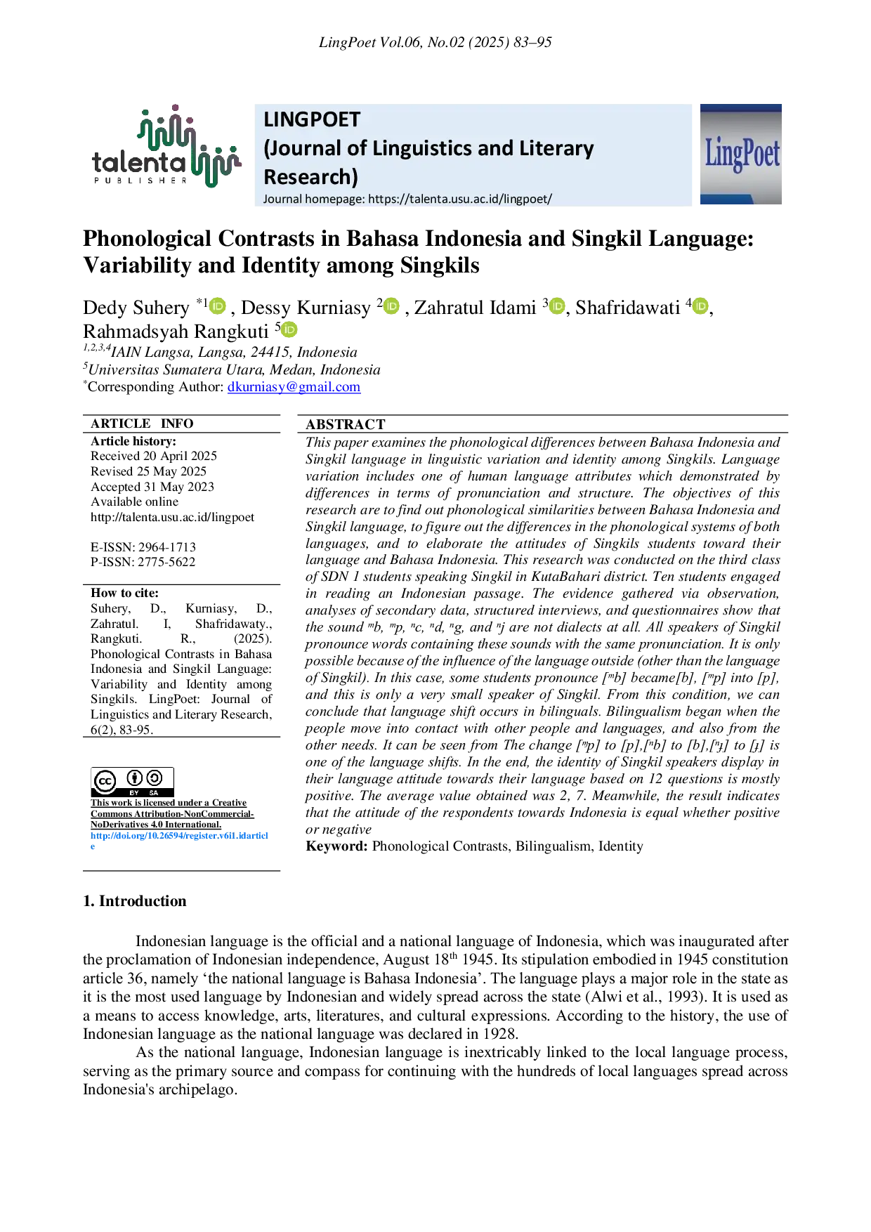 JURIS Phonological Contrasts in Bahasa Indonesia and Singkil Language Variability and Identity among Singkils