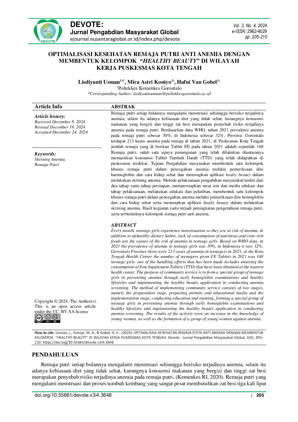 JURIS Optimalisasi Kesehatan Remaja Putri Anti Anemia dengan Membentuk Kelompok Healthy Beauty di Wilayah Kerja Puskesmas Kota Tengah