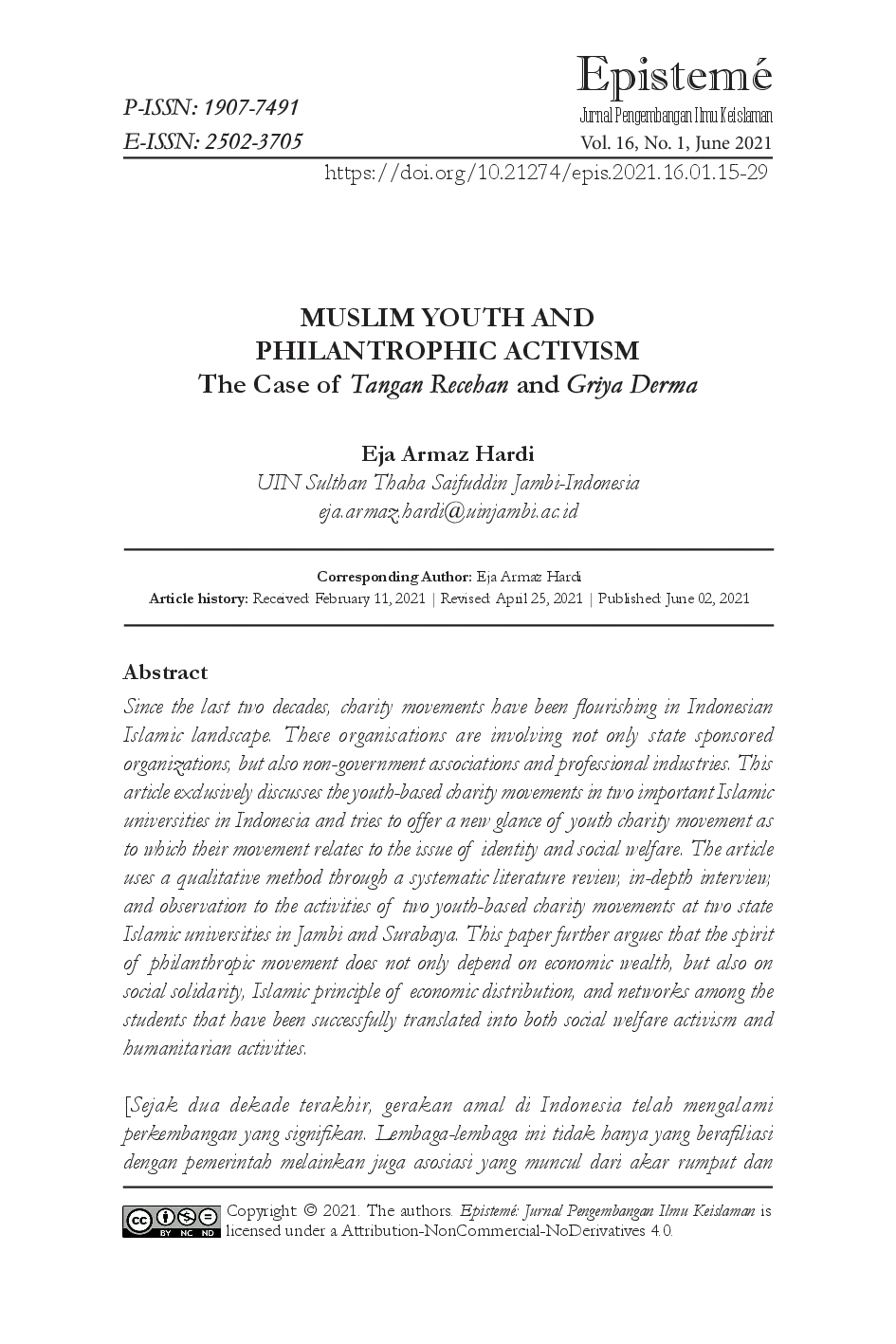 juris MUSLIM YOUTH AND PHILANTROPHIC ACTIVISM The Case of Tangan Recehan and Griya Derma