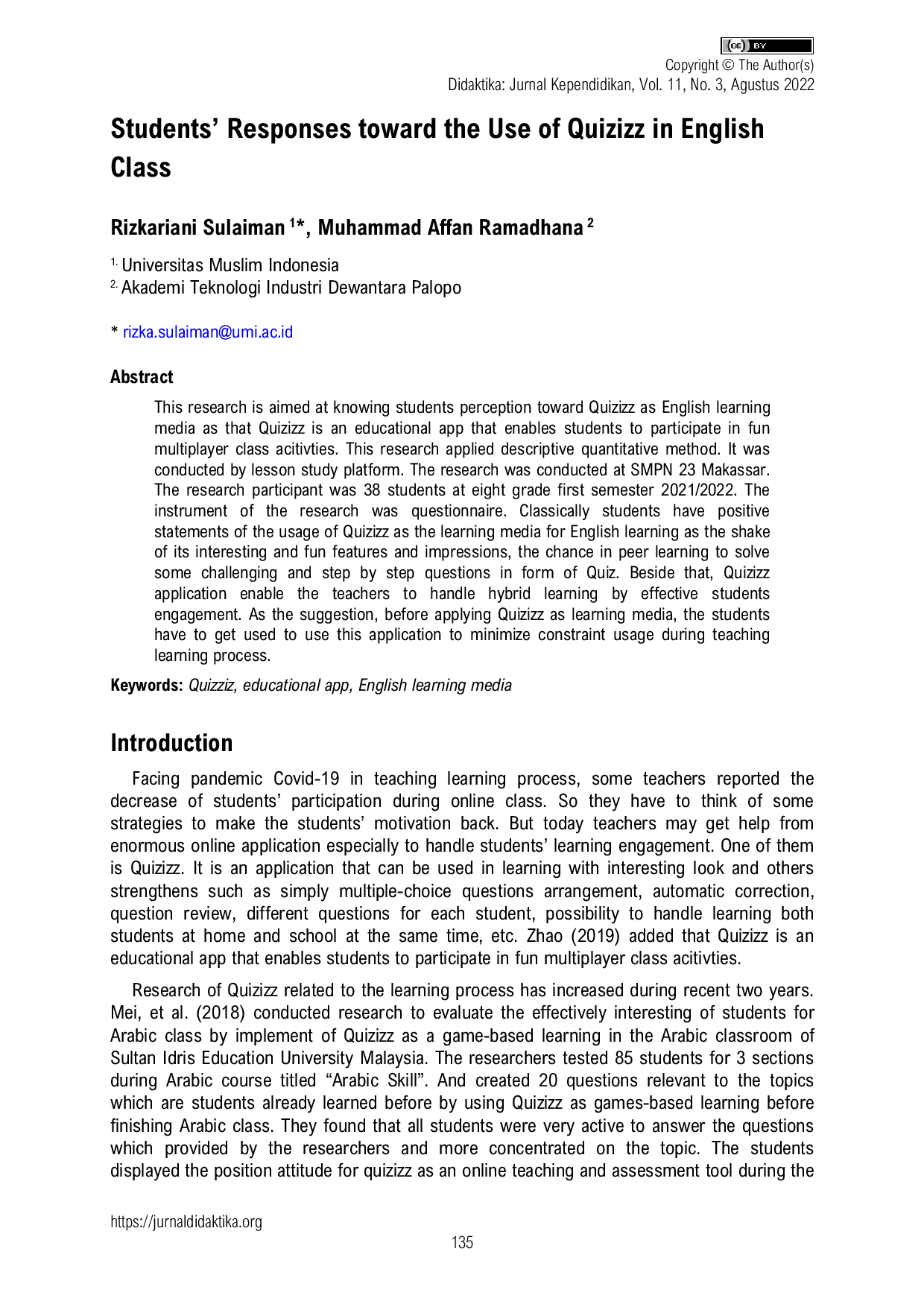 JURIS Students Responses toward the Use of Quizizz in English Class