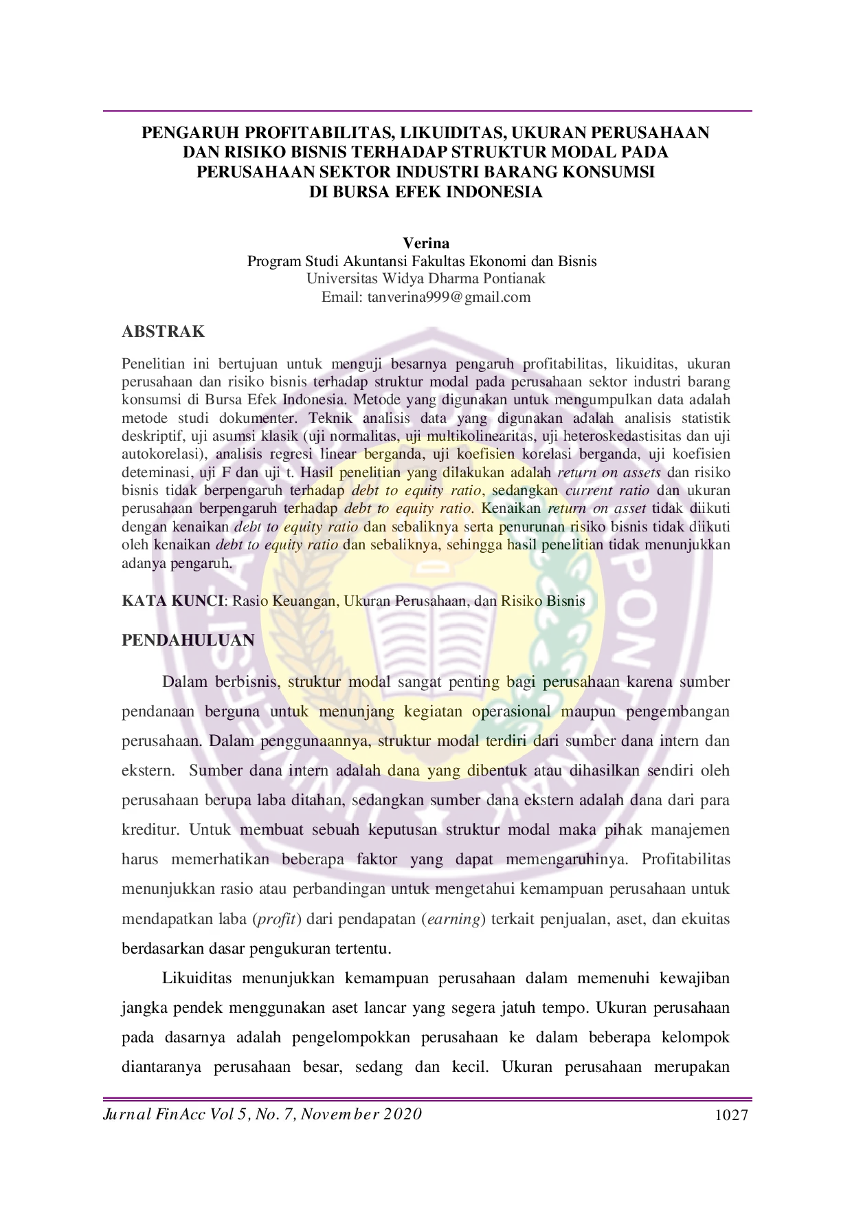 JURIS Pengaruh Profitabilitas Likuiditas Ukuran Perusahaan Dan Risiko Bisnis Terhadap Struktur Modal Pada Perusahaan Sektor Industri Barang Konsumsi Di Bursa Efek Indonesia