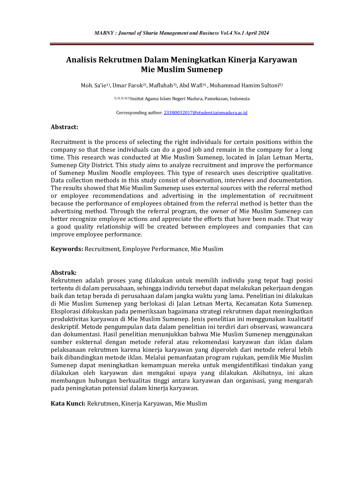 JURIS Analisis Rekrutmen Dalam Meningkatkan Kinerja Karyawan Mie Muslim Sumenep