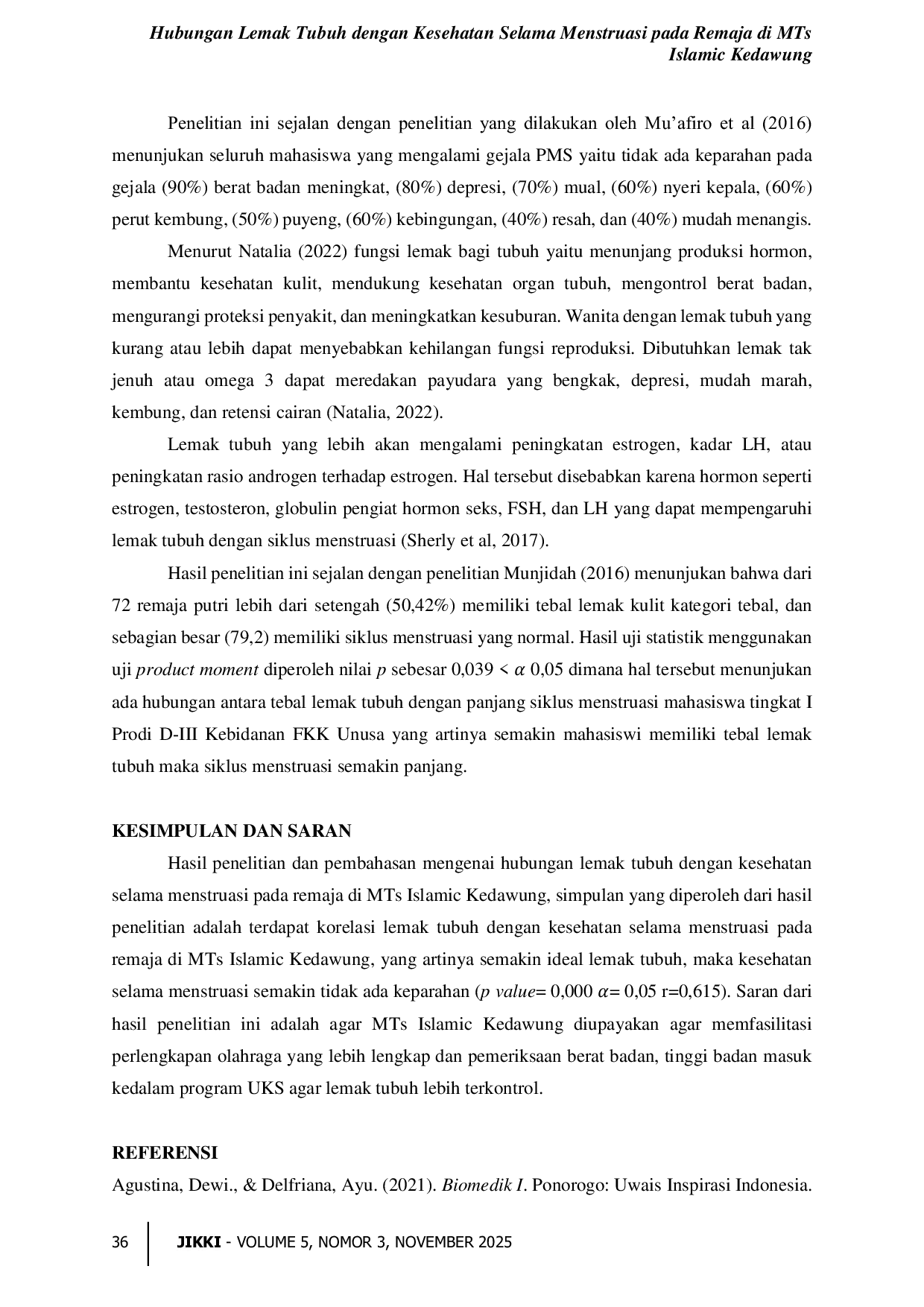 JURIS Hubungan Lemak Tubuh dengan Kesehatan Selama Menstruasi pada Remaja di MTs Islamic Kedawung