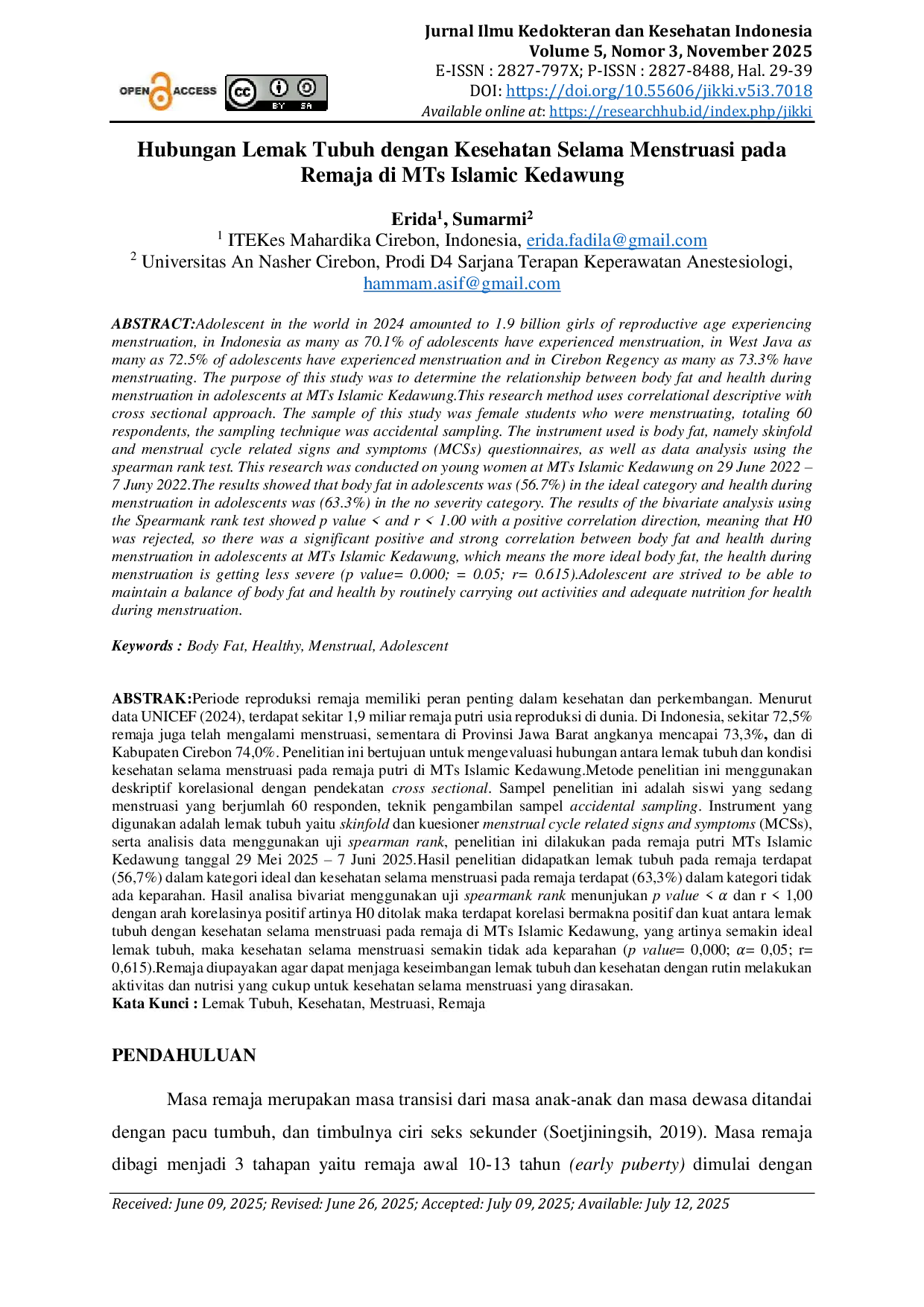 JURIS Hubungan Lemak Tubuh dengan Kesehatan Selama Menstruasi pada Remaja di MTs Islamic Kedawung