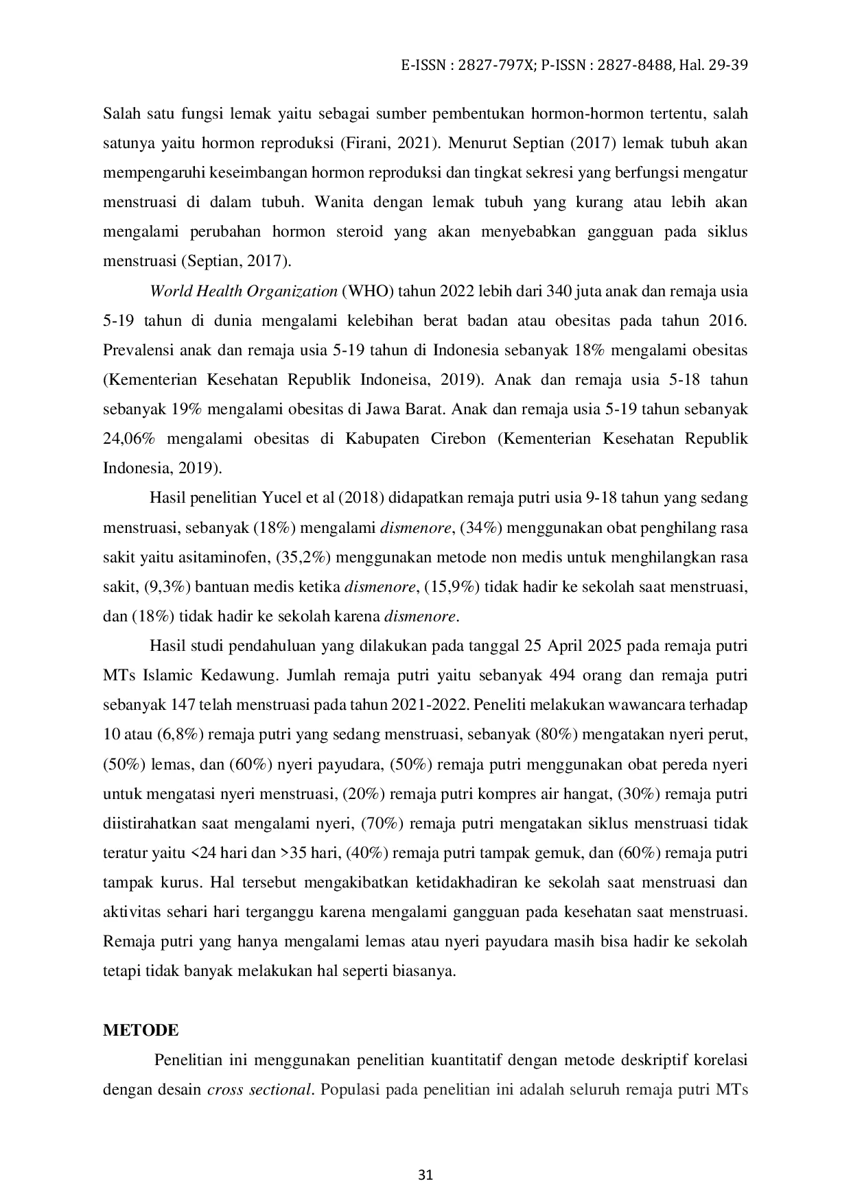 JURIS Hubungan Lemak Tubuh dengan Kesehatan Selama Menstruasi pada Remaja di MTs Islamic Kedawung