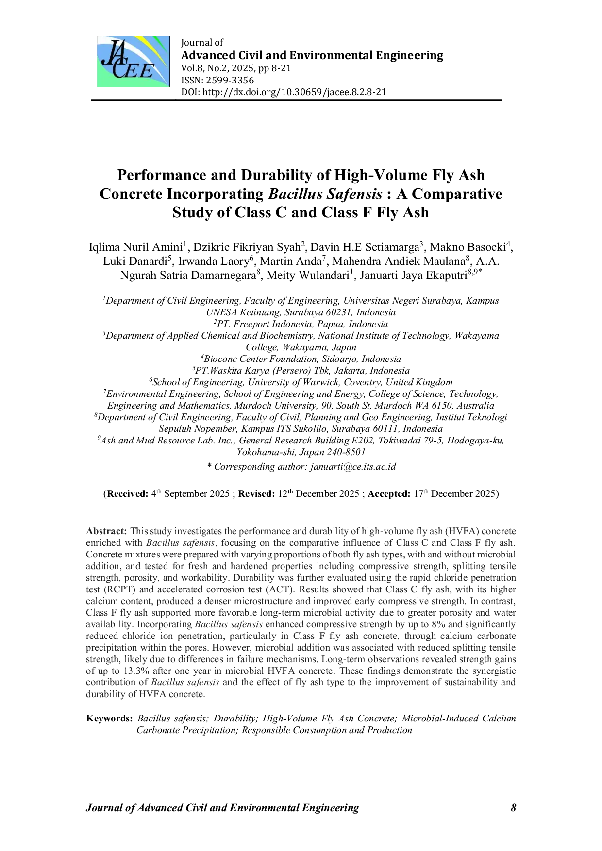 JURIS Performance and Durability of High Volume Fly Ash Concrete Incorporating Bacillus safensis A Comparative Study of Class C and Class F Fly Ash
