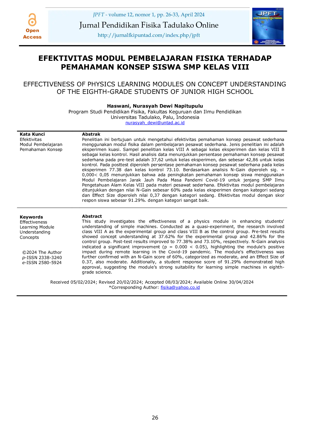 JURIS Efektivitas Modul Pembelajaran Fisika Terhadap Pemahaman Konsep Siswa SMP Kelas VIII