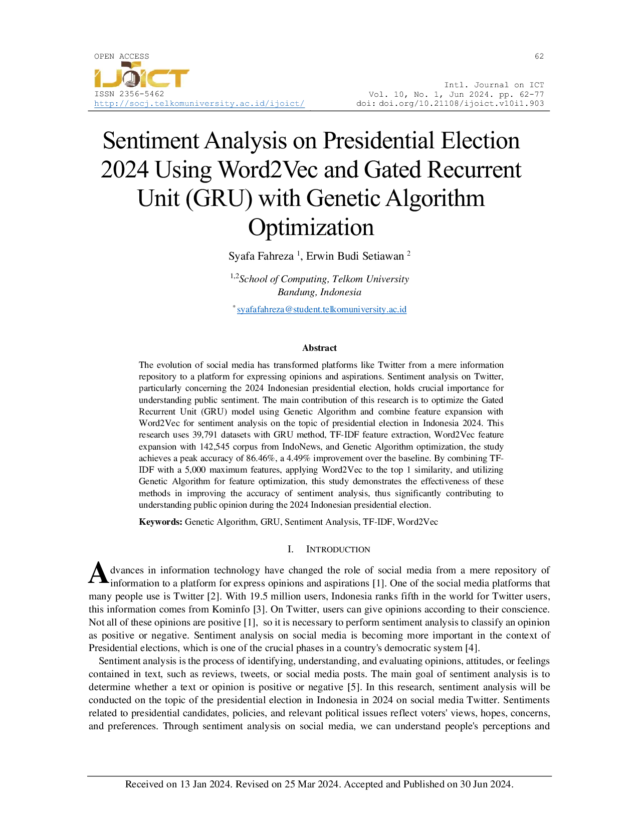 JURIS Sentiment Analysis on Social Media Using Word2Vec and Gated Recurrent Unit GRU with Genetic Algorithm Optimization