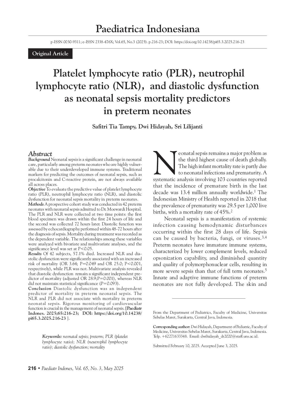JURIS Platelet lymphocyte ratio PLR neutrophil lymphocyte ratio NLR and diastolic dysfunction as neonatal sepsis mortality predictors in preterm neonates
