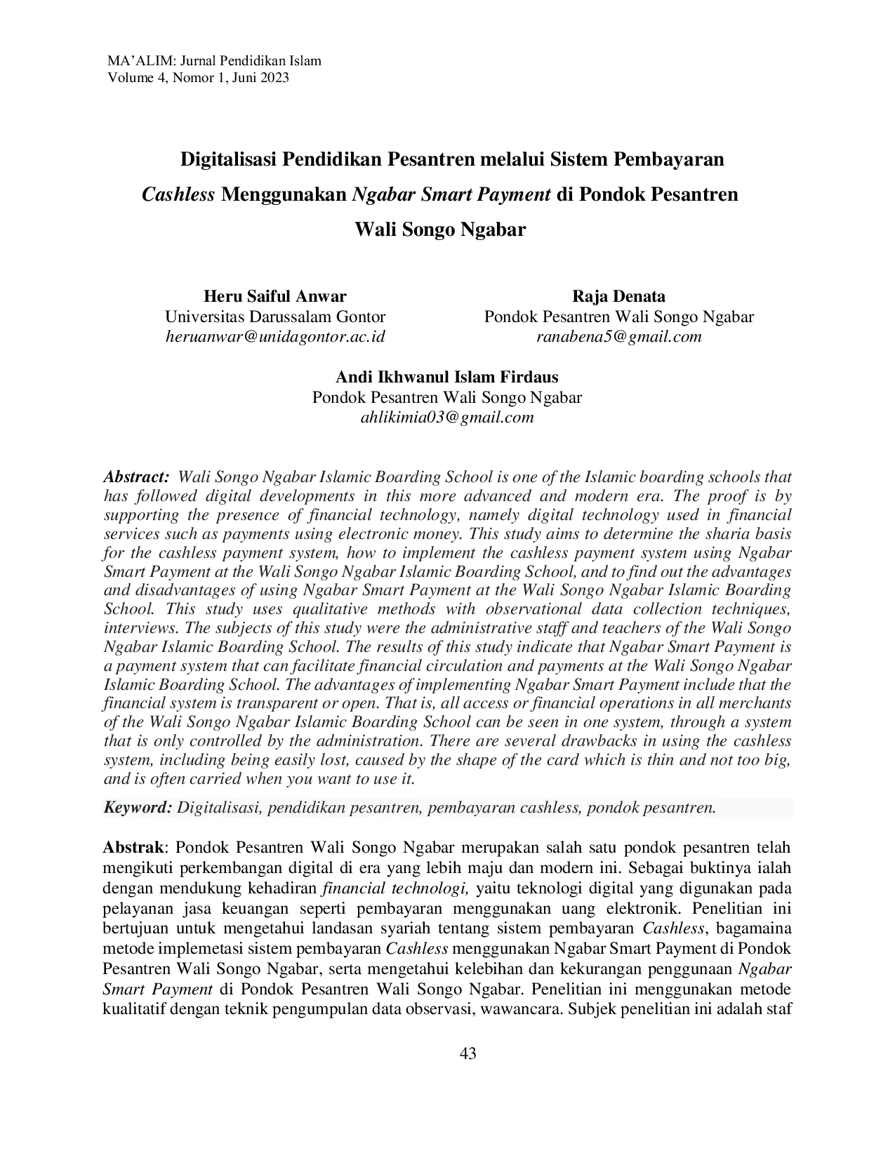 JURIS Digitalisasi Pendidikan Pesantren melalui Sistem Pembayaran Cashless Menggunakan Ngabar Smart Payment di Pondok Pesantren Wali Songo Ngabar