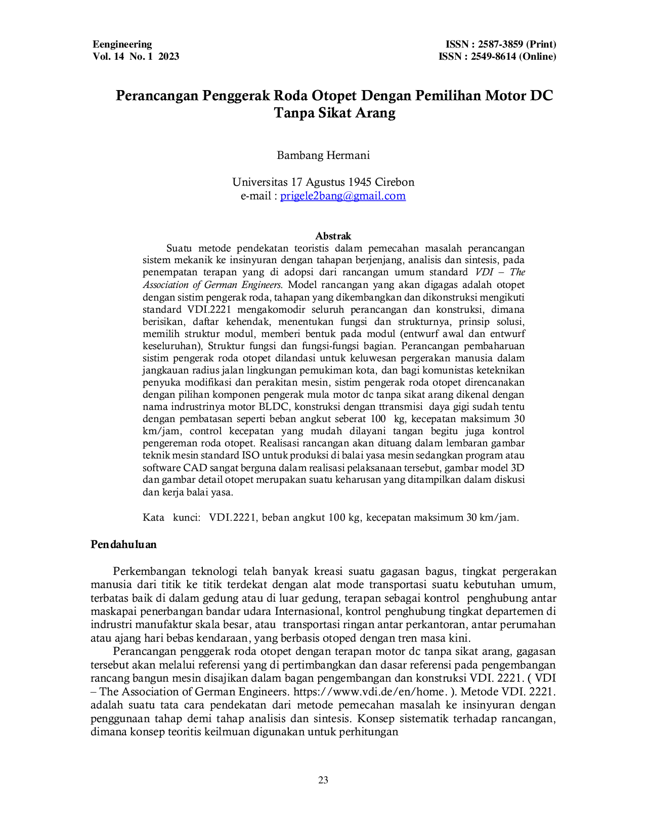 JURIS Perancangan Penggerak Roda Otopet Dengan Pemilihan Motor DC Tanpa Sikat Arang