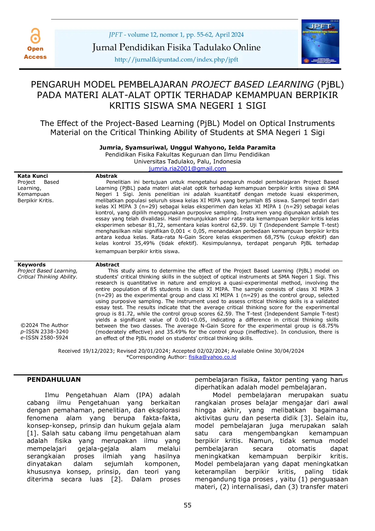 JURIS Pengaruh Model Pembelajaran Project Based Learning PjBL Pada Materi Alat Alat Optik Terhadap Kemampuan Berpiikir Kritis Siswa SMA Negeri 1 Sigi
