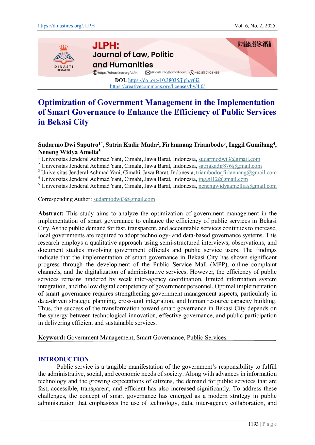 JURIS Optimization of Government Management in the Implementation of Smart Governance to Enhance the Efficiency of Public Services in Bekasi City