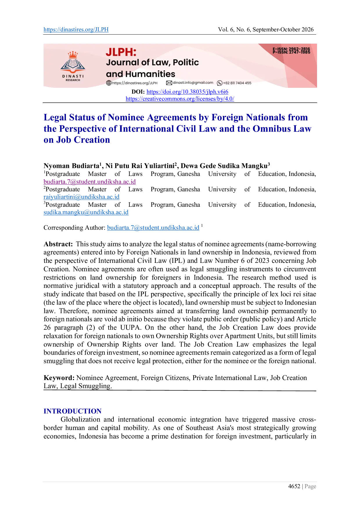 JURIS Legal Status of Nominee Agreements by Foreign Nationals from the Perspective of International Civil Law and the Omnibus Law on Job Creation