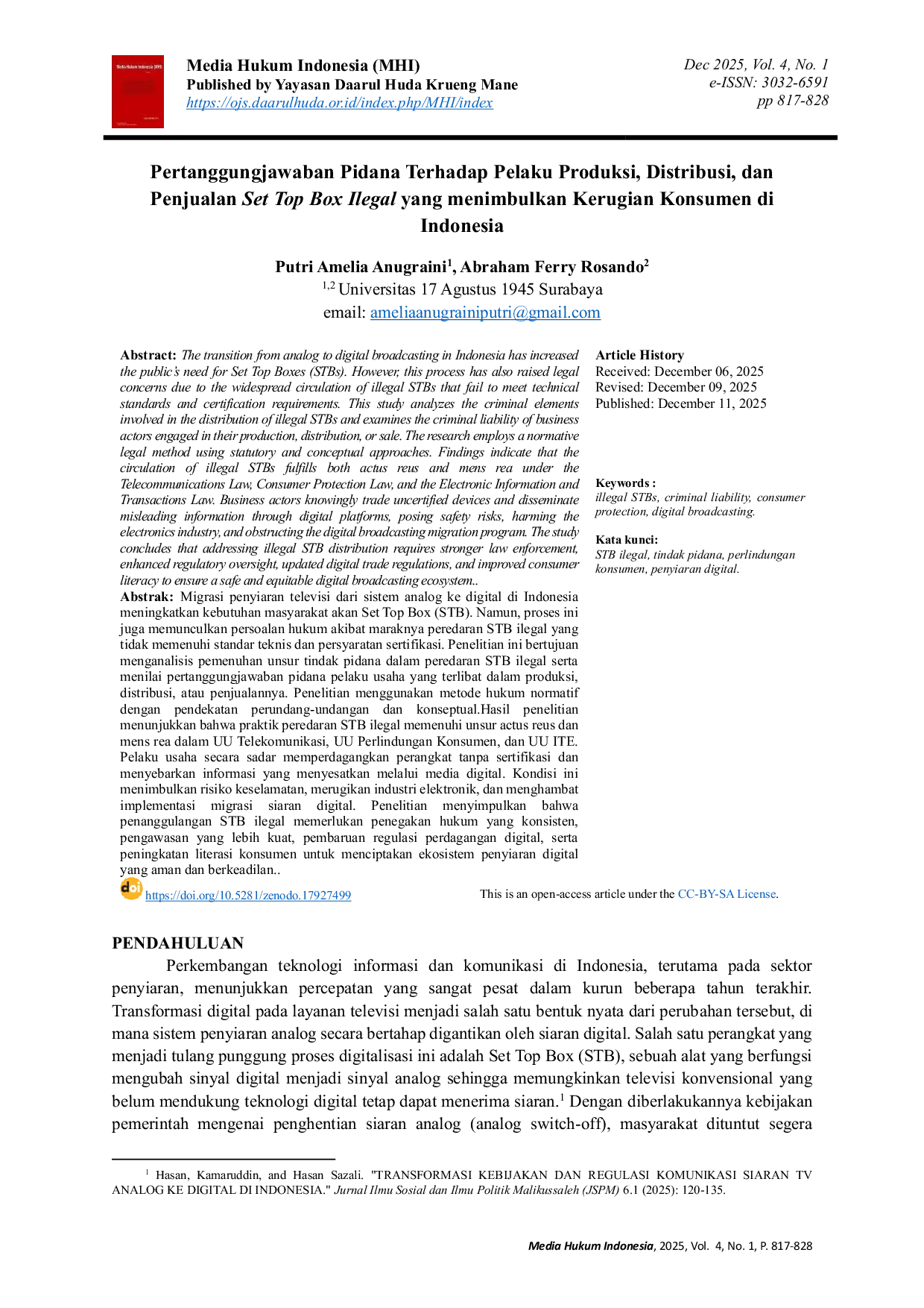 JURIS Pertanggungjawaban Pidana Terhadap Pelaku Produksi Distribusi dan Penjualan Set Top Box Ilegal yang menimbulkan Kerugian Konsumen di Indonesia