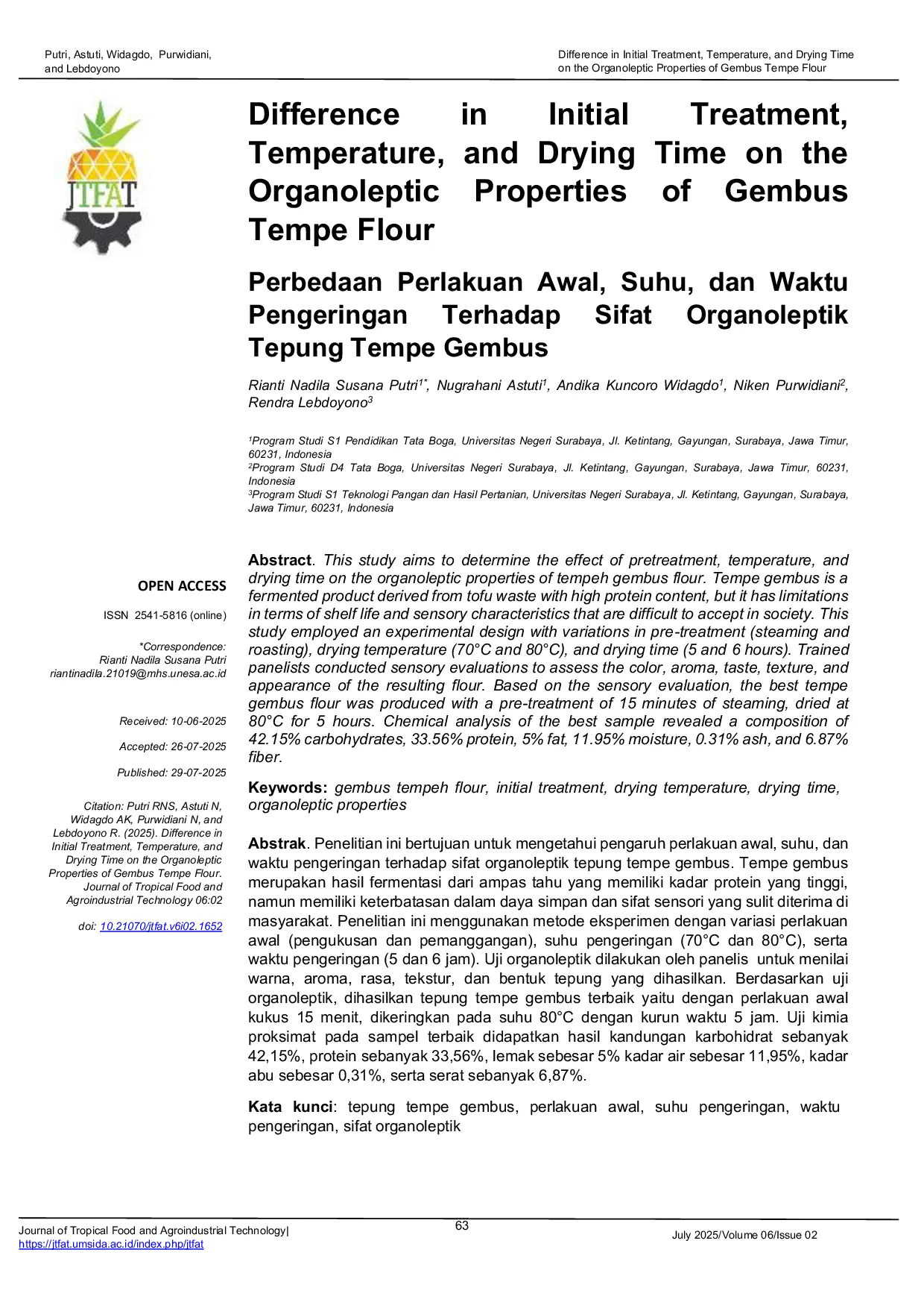 JURIS Difference in Initial Treatment Temperature and Drying Time on the Organoleptic Properties of Gembus Tempe Flour