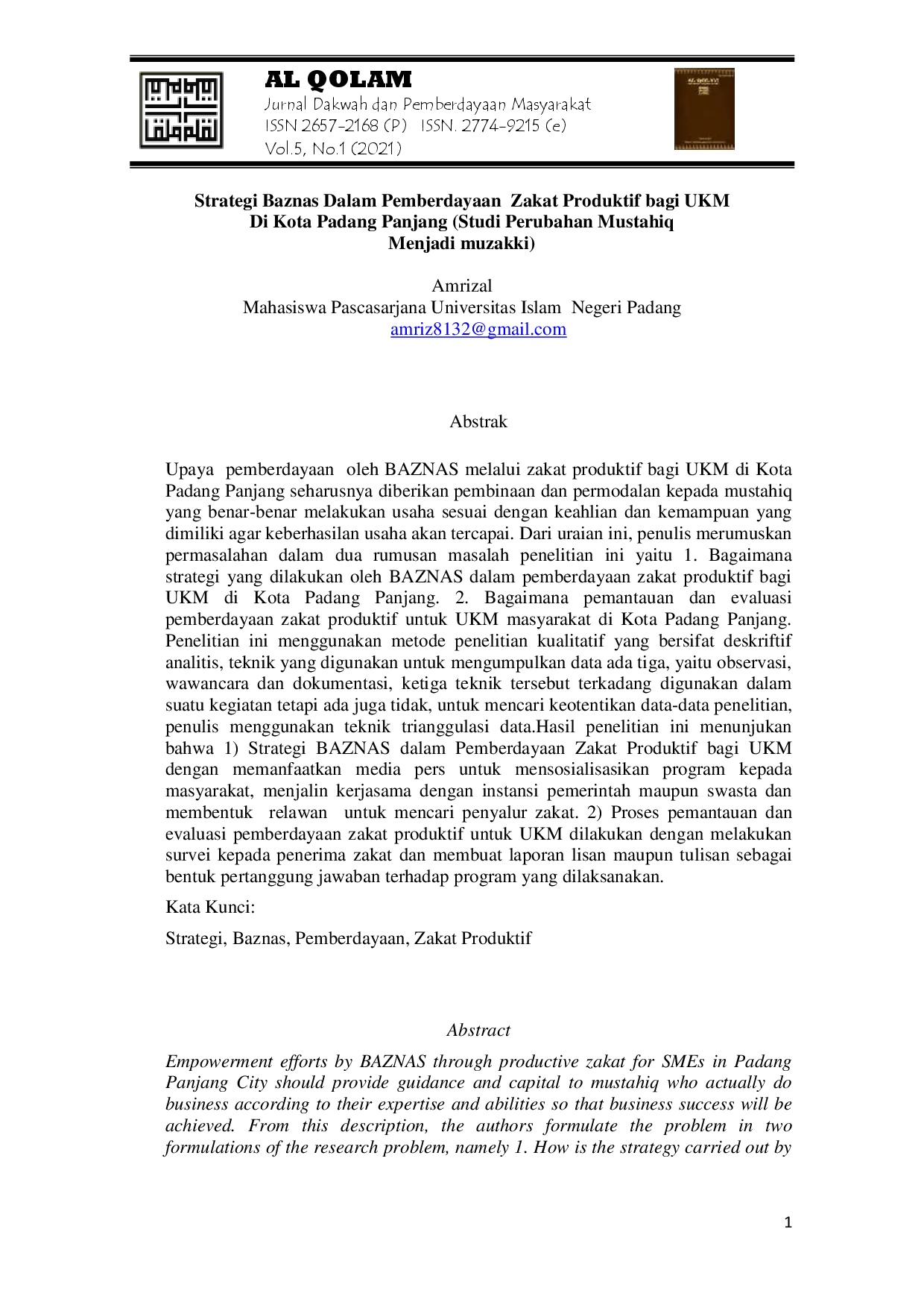 juris Strategi Baznas dalam Pemberdayaan Zakat Produktif Bagi UKM di Kota Padang Panjang Studi Perubahan Mustahiq Menjadi Muzakki