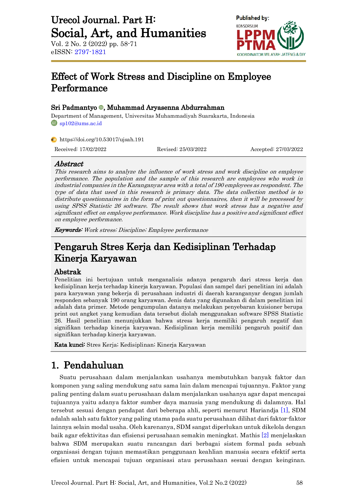 JURIS Effect of Work Stress and Discipline on Employee Performance