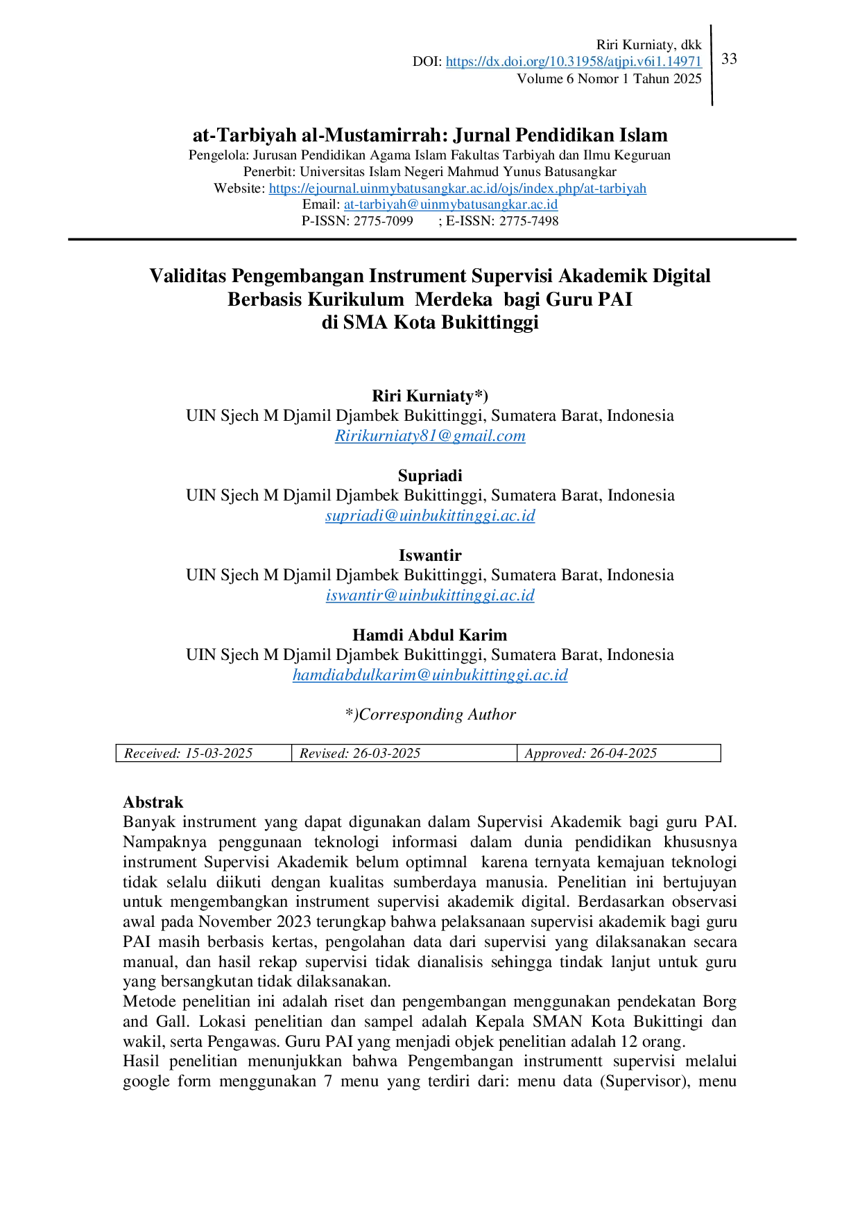 JURIS Validitas Pengembangan Instrumentt Supervisi Akademik Digital Berbasis Kurikulum Merdeka bagi Guru PAI di SMA Kota Bukittinggi