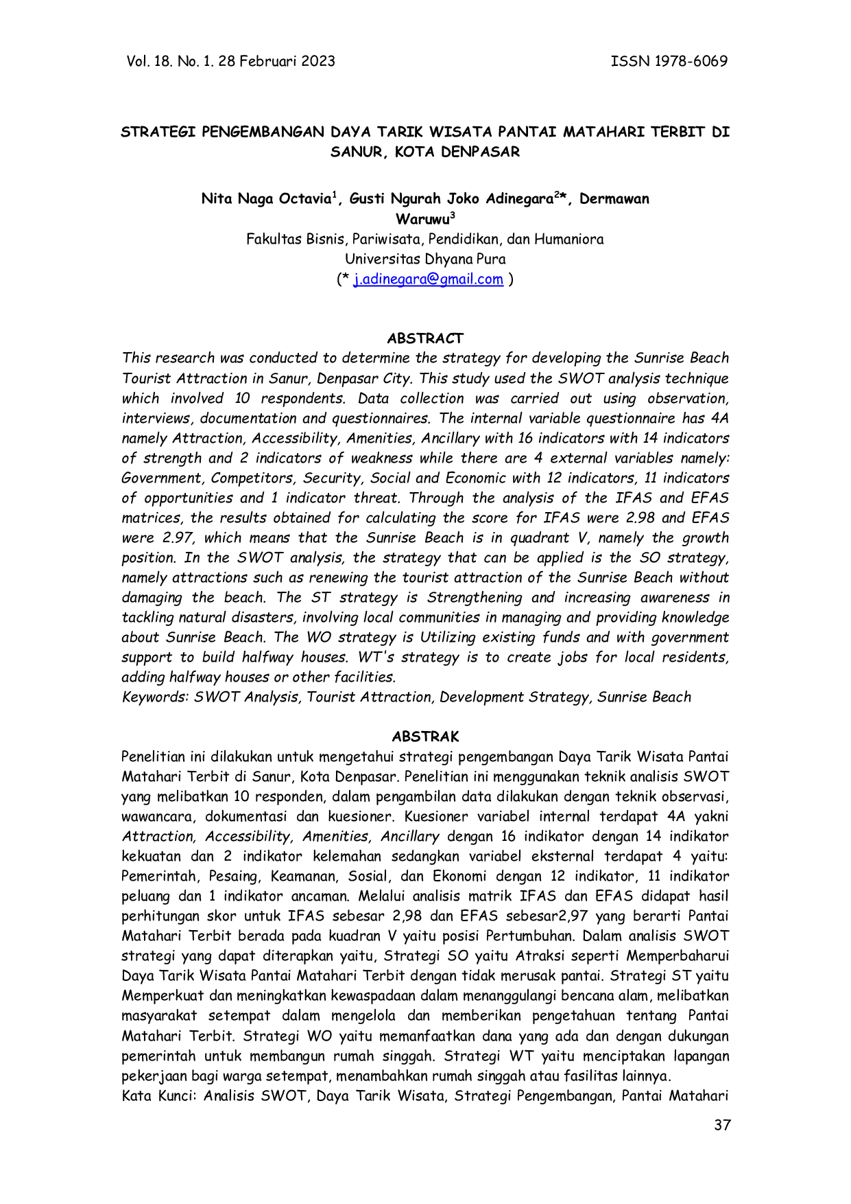 JURIS Strategi Pengembangan Daya Tarik Wisata Pantai Matahari Terbit Di Sanur Kota Denpasar