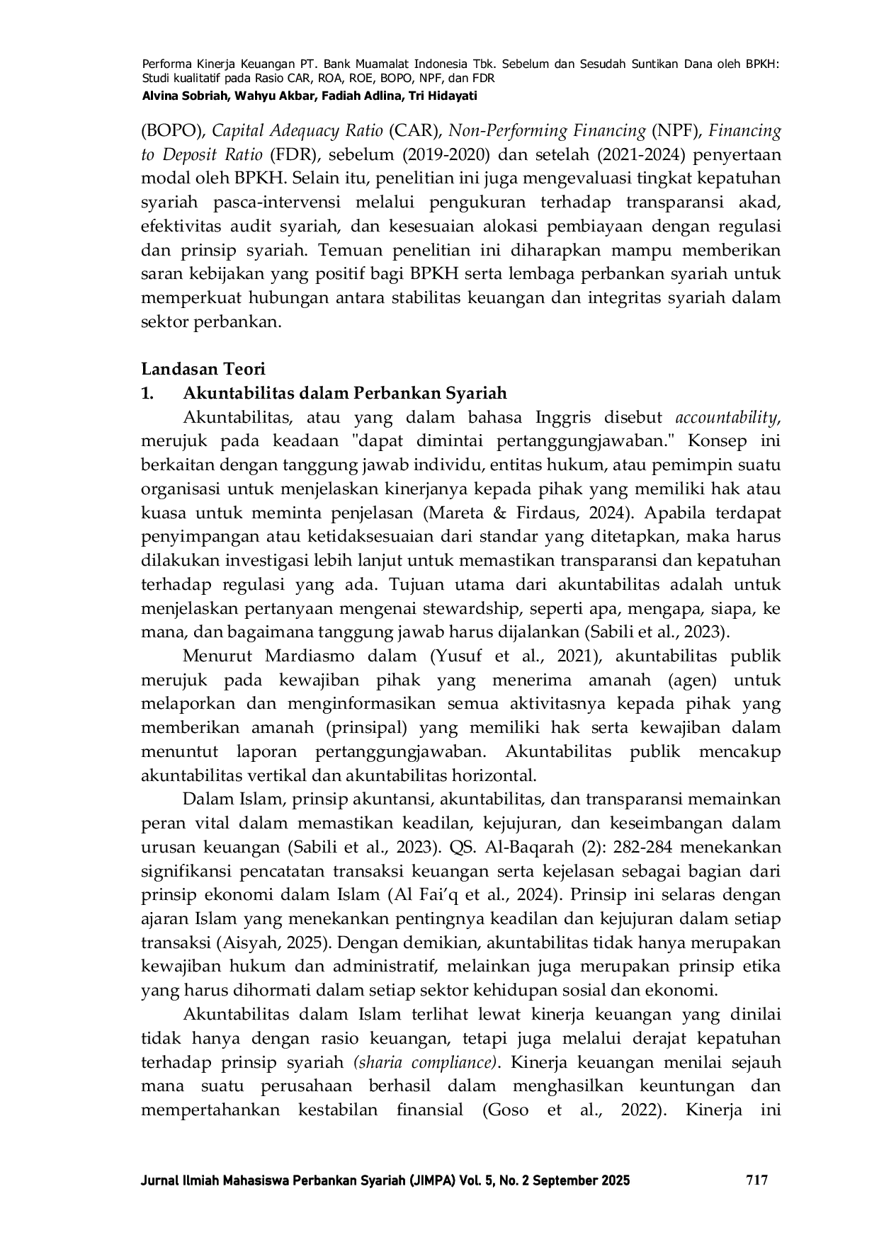 JURIS Performa Kinerja Keuangan PT Bank Muamalat Indonesia Tbk Sebelum dan Sesudah Suntikan Dana oleh BPKH Studi kualitatif pada Rasio CAR ROA ROE BOPO NPF dan FDR