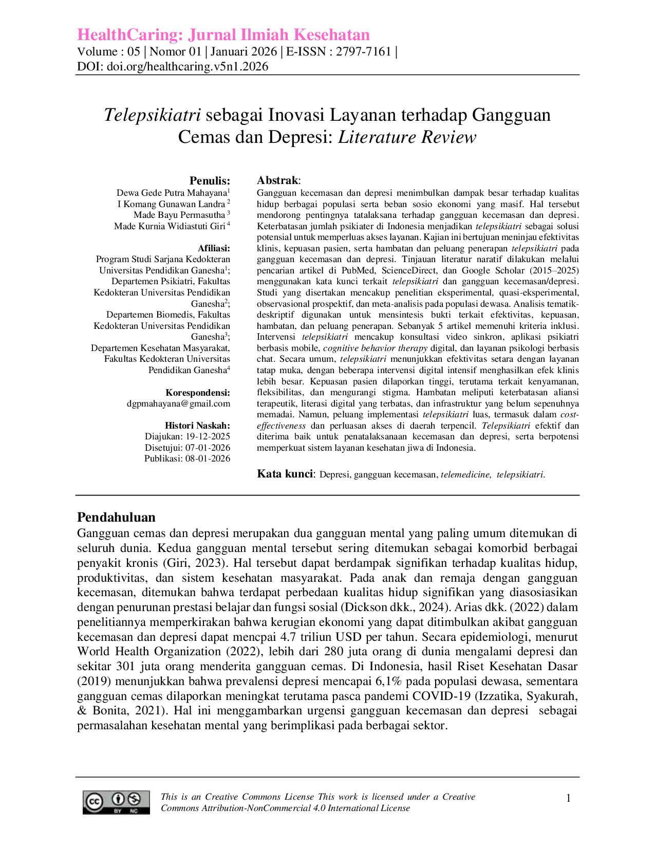 JURIS Telepsikiatri sebagai Inovasi Layanan terhadap Gangguan Cemas dan Depresi Literature Review