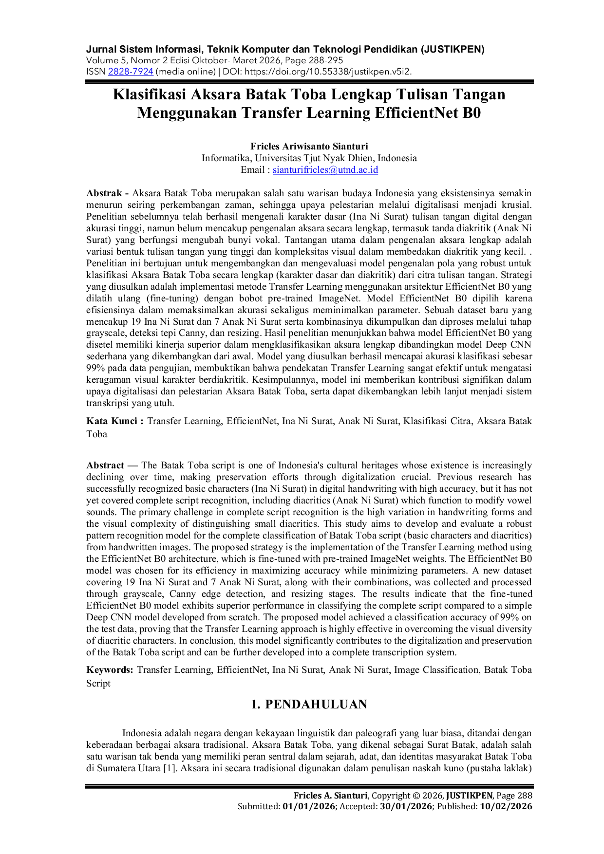JURIS Klasifikasi Aksara Batak Toba Lengkap Tulisan Tangan Menggunakan Transfer Learning EfficientNet B0