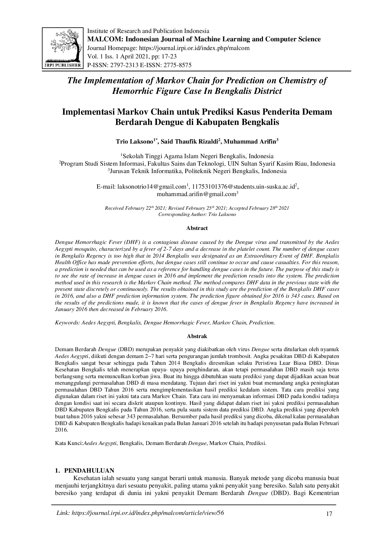 juris Implementasi Markov Chain untuk Prediksi Kasus Penderita Demam Berdarah Dengue di Kabupaten Bengkalis
