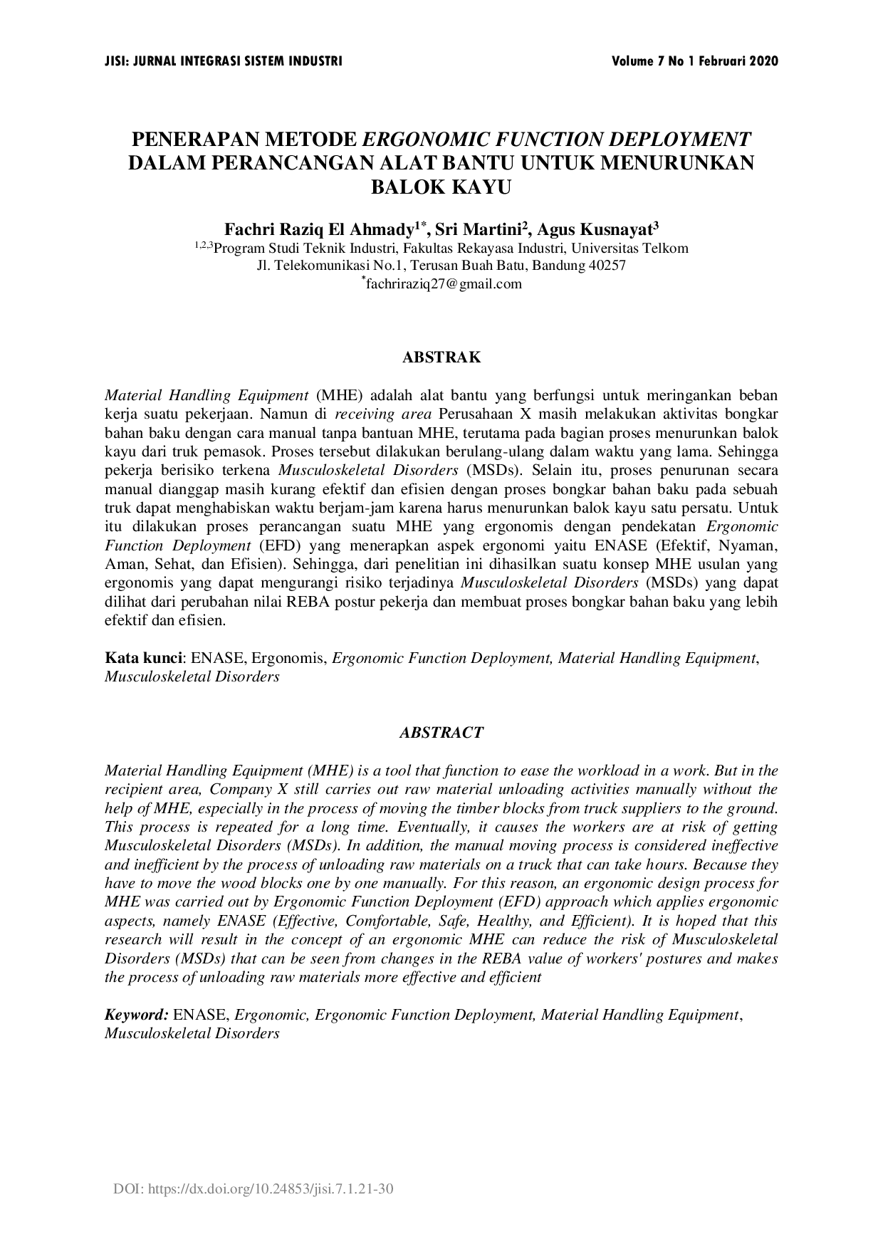 JURIS Penerapan Metode Ergonomic Function Deployment Dalam Perancangan Alat Bantu Untuk Menurunkan Balok Kayu