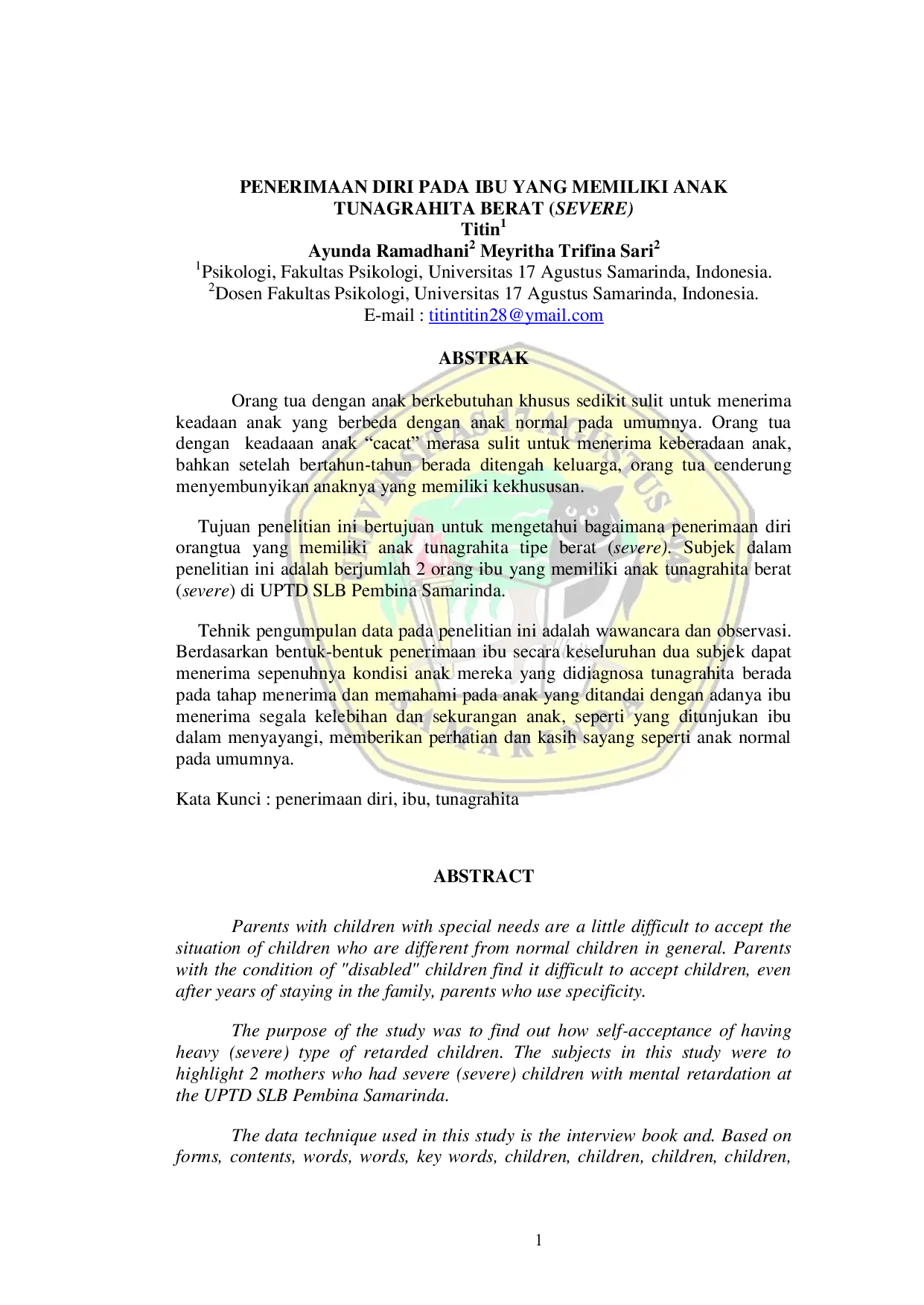 JURIS Penerimaan Diri Pada Ibu Yang Memiliki Anak Tunagrahita Berat Severe