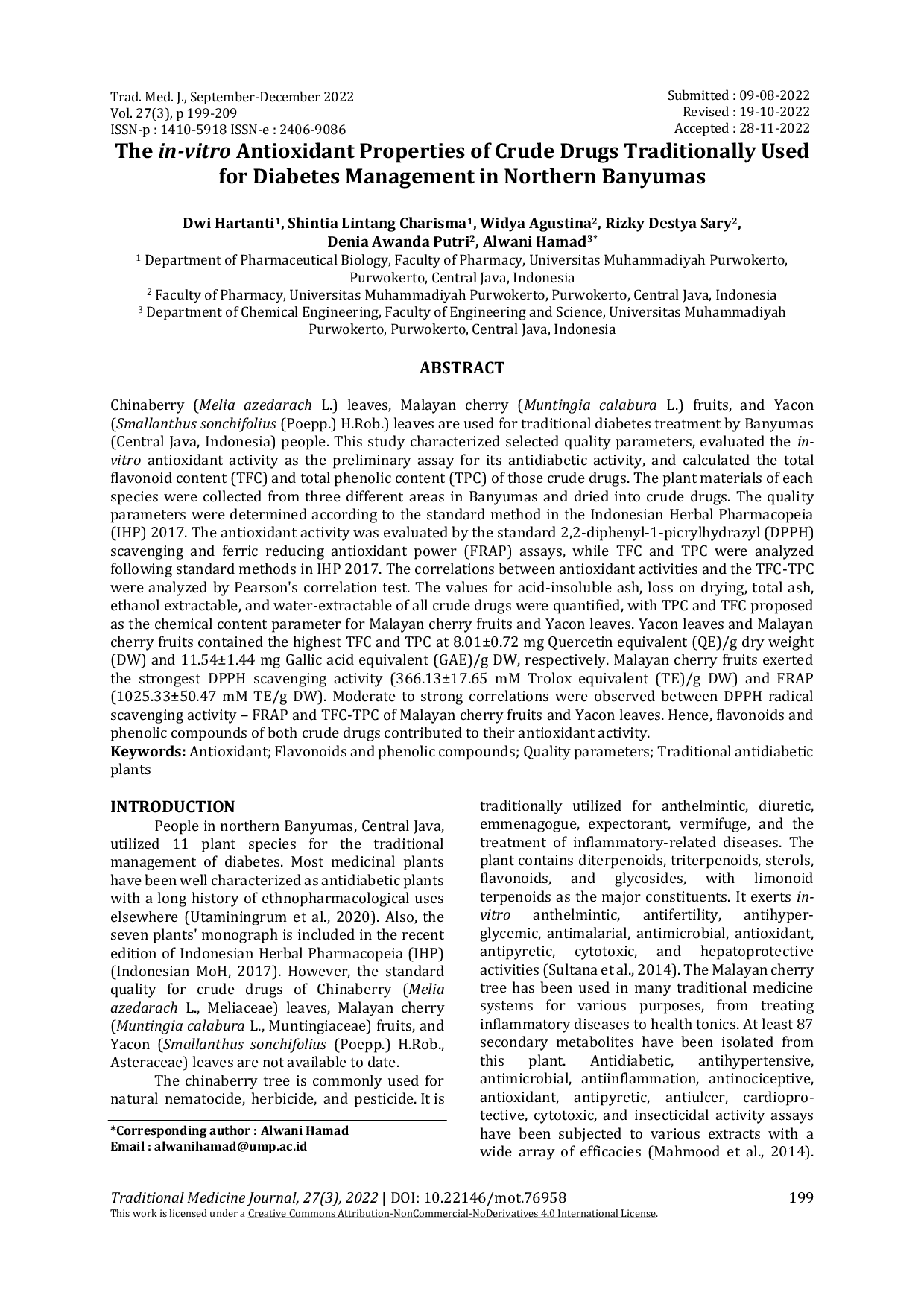JURIS The in vitro Antioxidant Properties of Crude Drugs Traditionally Used for Diabetes Management in Northern Banyumas
