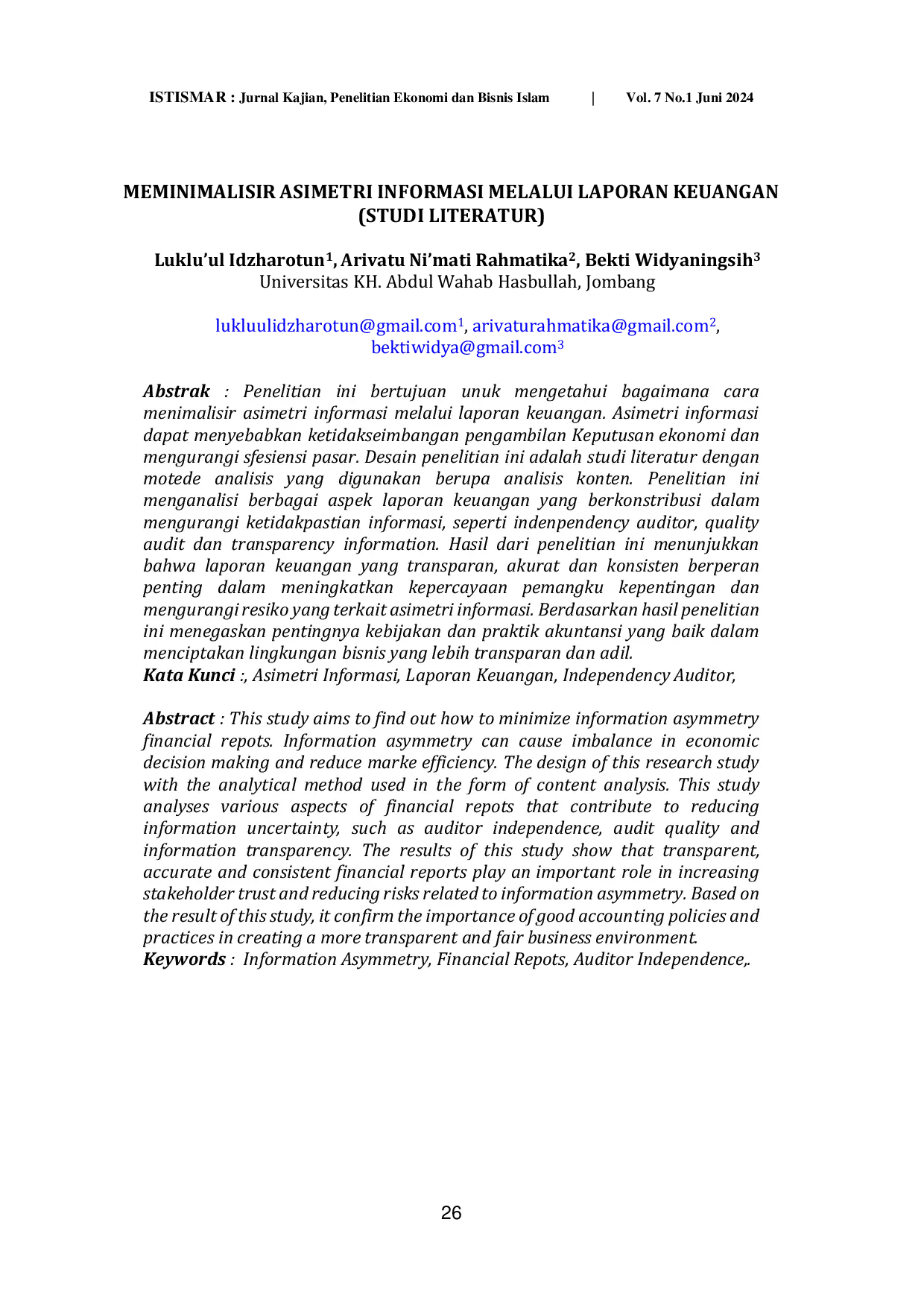 JURIS Meminimalisir Asimetri Informasi Melalui Laporan Keuangan Studi Literatur