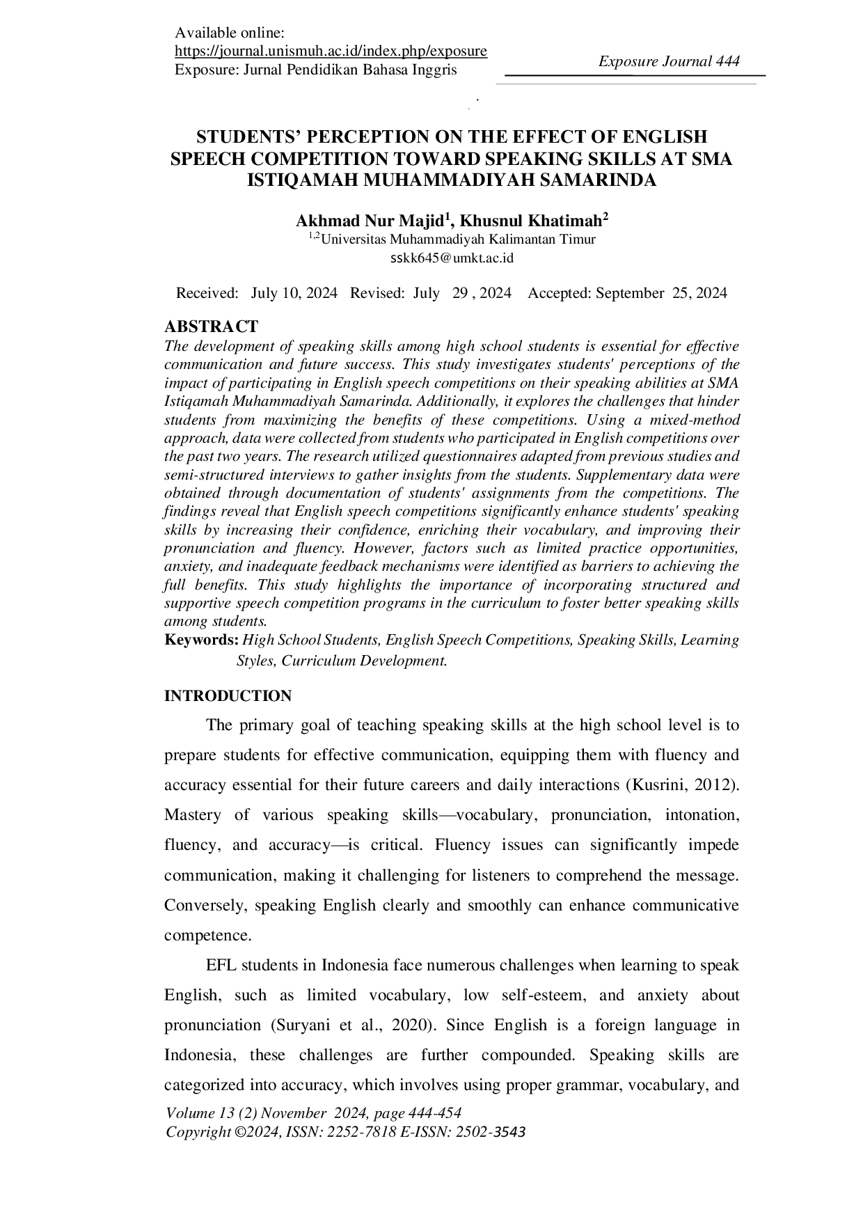 JURIS Students Perception on the Effect of English Speech Competition toward Speaking Skills at SMA Istiqamah Muhammadiyah Samarinda